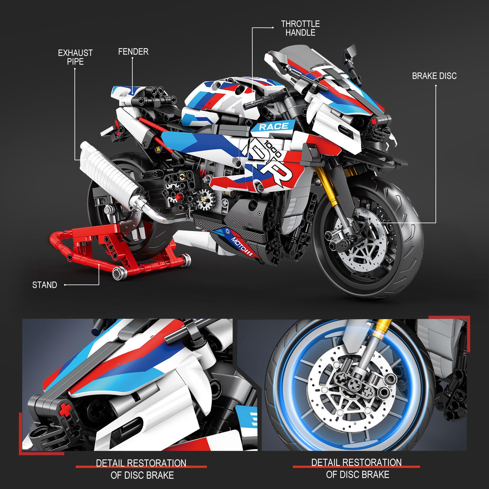 Brihappen 1000 RR Motorrad Bausatz für Erwachsene Männer, 1:8 Maßstab Technik Klemmbausteine Motorrad Modell mit Ausstellungsständer, Mechanisches Bike Vehicle Baukasten für Jugendliche ab 14 Jahren