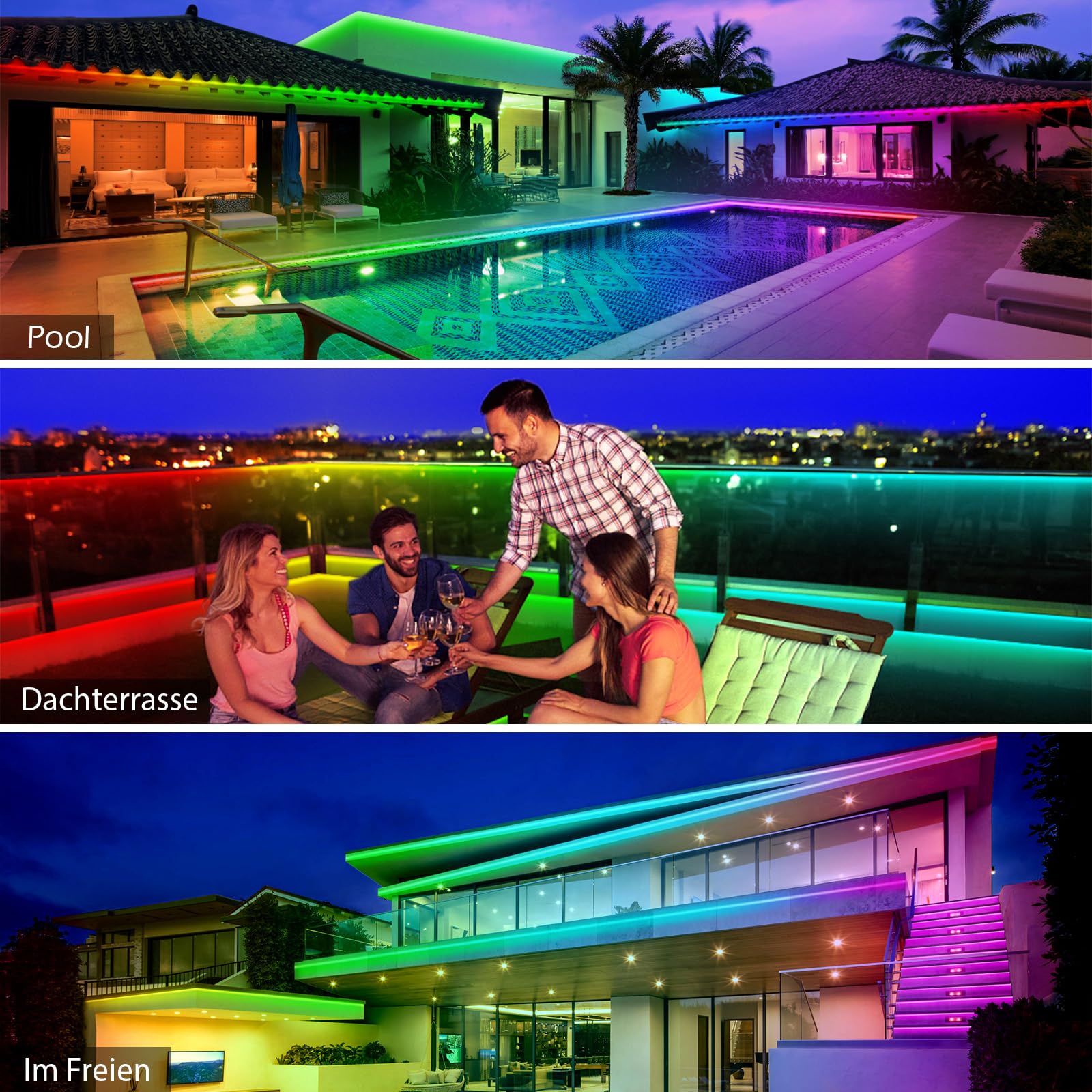 15M LED Streifen Außen Wasserdicht IP68, RGB Musik-Synch Aussenlichtband mit App & Fernbedienung, Selbstklebender Farbwechsel-Lichtschlauch für Balkon, Terrasse, Pool, Garten