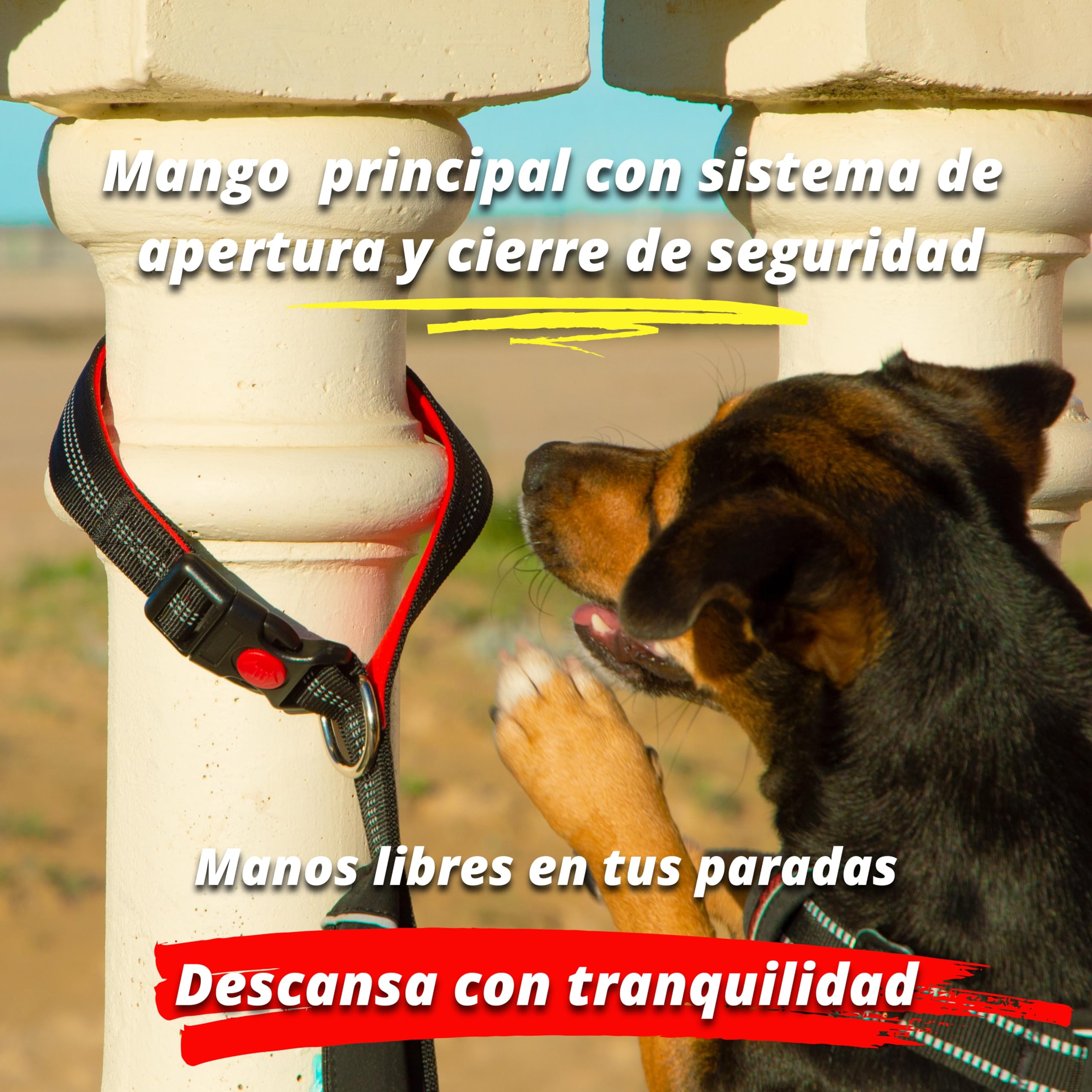 Correa para Perros Grandes y Fuertes 1,5 m | 3 Asas Acolchadas de Control | Mosquetón con Bloqueo + Giro 360º | Reflectante + Bolsillo Impermeable con Dispensador | Rojo