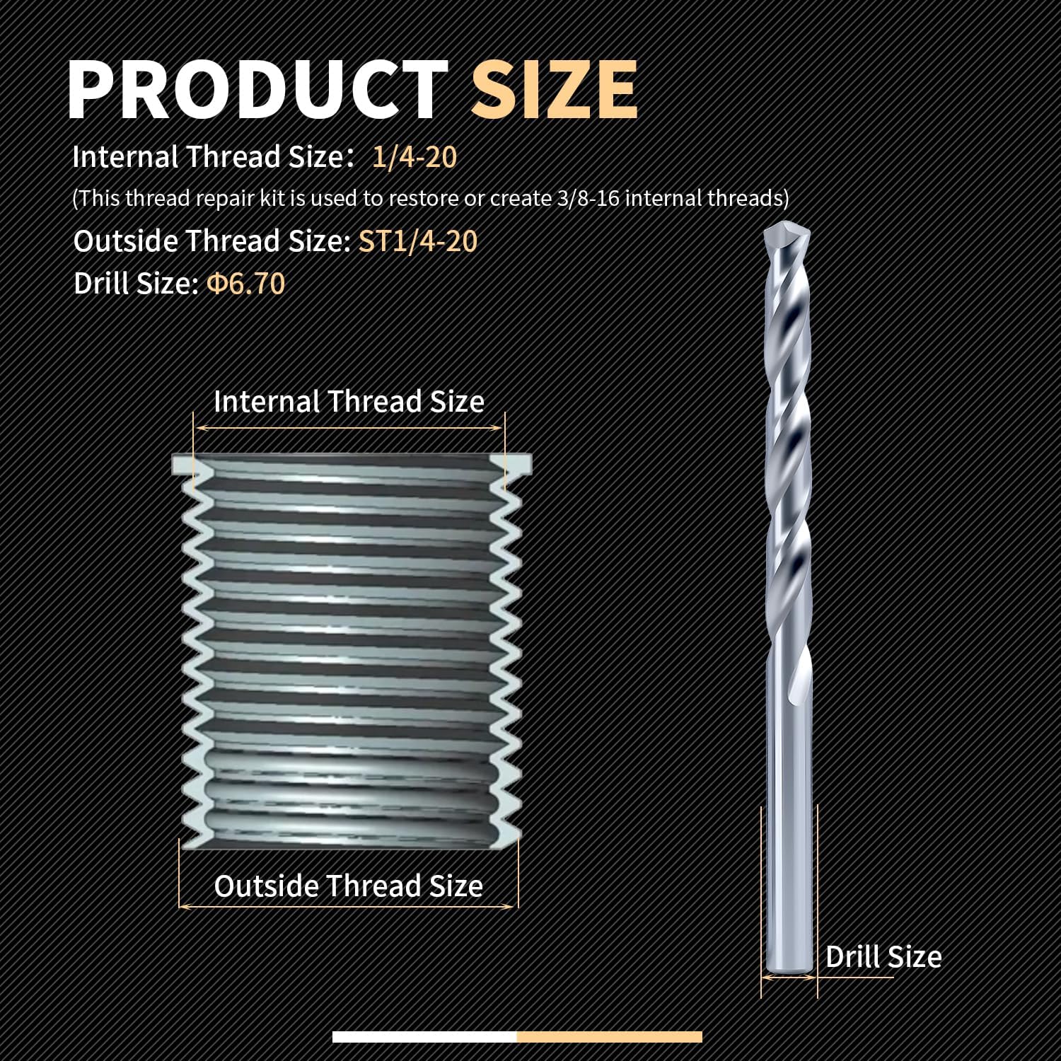 1/4-20 SAE Thread Repair Kit with Insert HSS Drill, Tap, Counterbore, Installation Driver, 10PCS Stainless Steel Insert 1/4-20 X 0.380 INCH