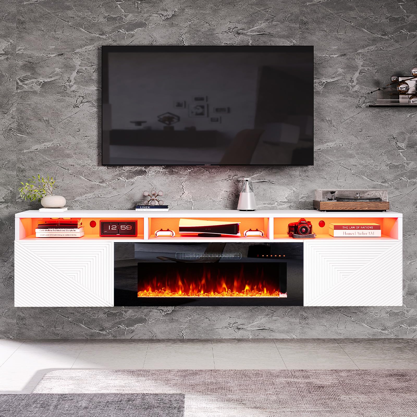 AMERLIFE 70in Floating Fireplace TV Stand with 36" Electric Fireplace and LED Lights, Wall Mounted Entertainment Center with Storage, Modern Media