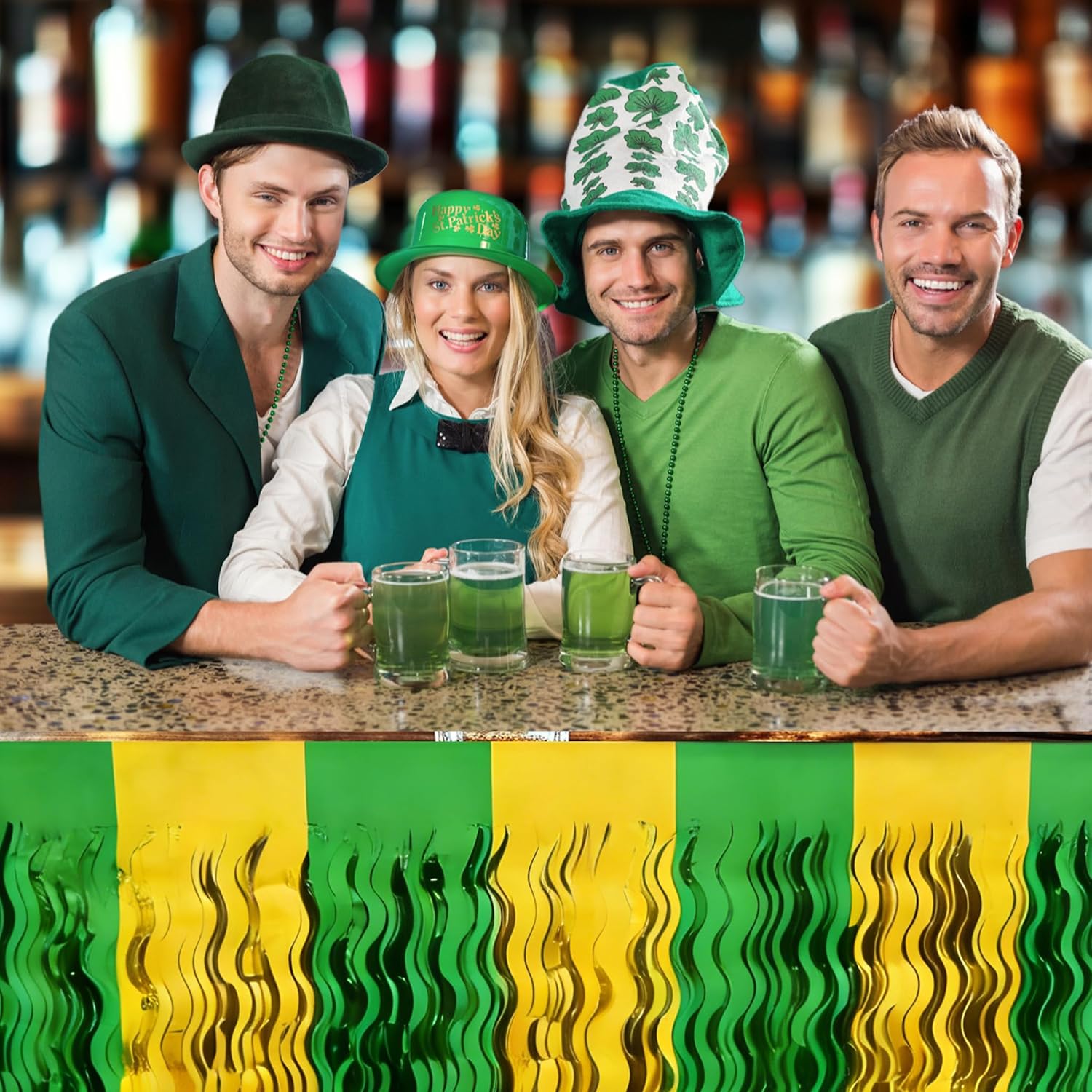 St Patricks Day Decorations Foil Tinsel Fringe Table Skirts - 2pcs Metallic Wavy Table Skirts Gold Green Party Decorations for Irish Holiday Saint Patrick Wedding Birthday