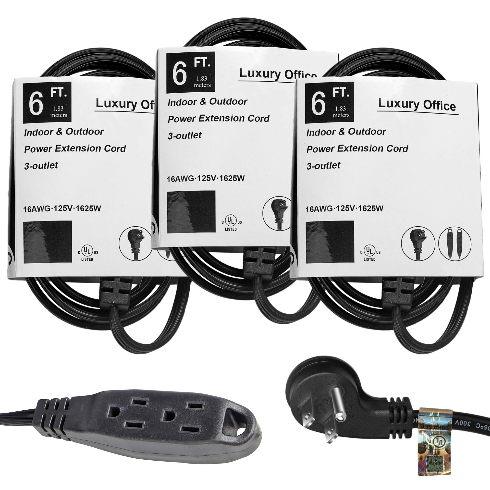 3 Way Power Splitter and 6' Extension Cord, 3 Pack With Angled Plug - 1 to 3 Cable Strip With 3 Pronged Outlets and Long Y Style Wire – Black - SJT 16