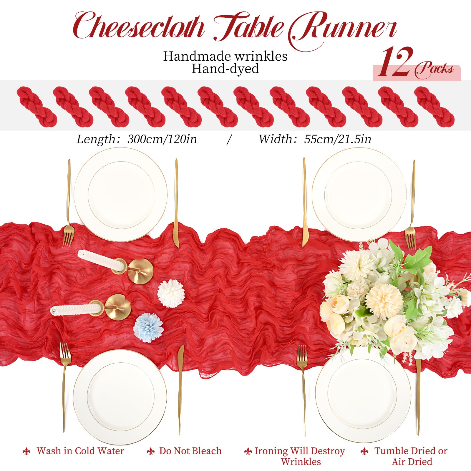 Teruntrue Lot de 12 Nappes en Fromage Chemins de Table Rouge 55x300 cm, Nappe Boho en Gaz de Fromage pour Décorations de Mariage, Fête de Naissance, Douche de Bébé et Anniversaire