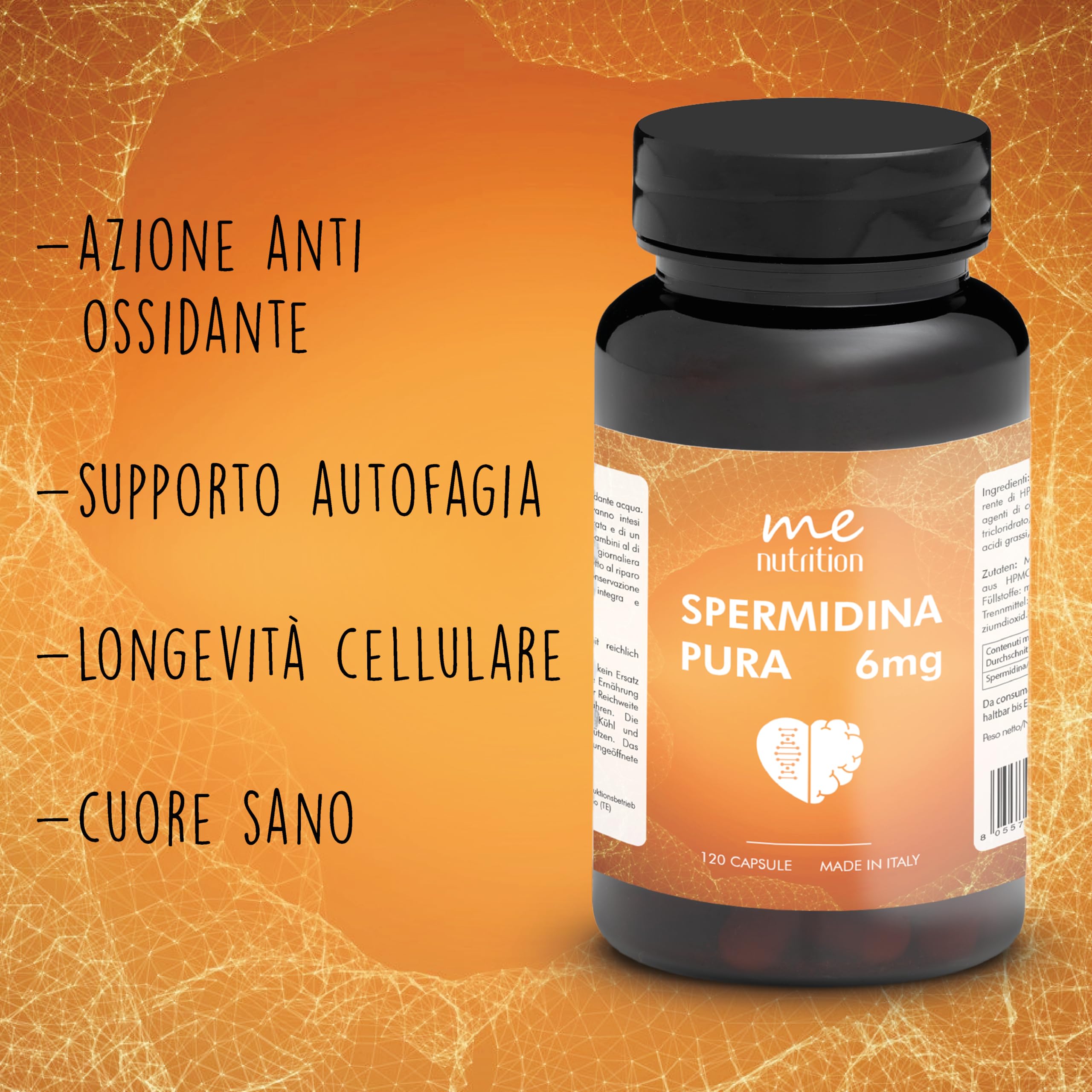Spermidina Pura Alto Dosaggio | 6mg per dose | 120 capsule | Supporto Cellulare Anti-Age con Benefici per Cuore, Cervello e Longevità Made in Italy | Me Myeasy