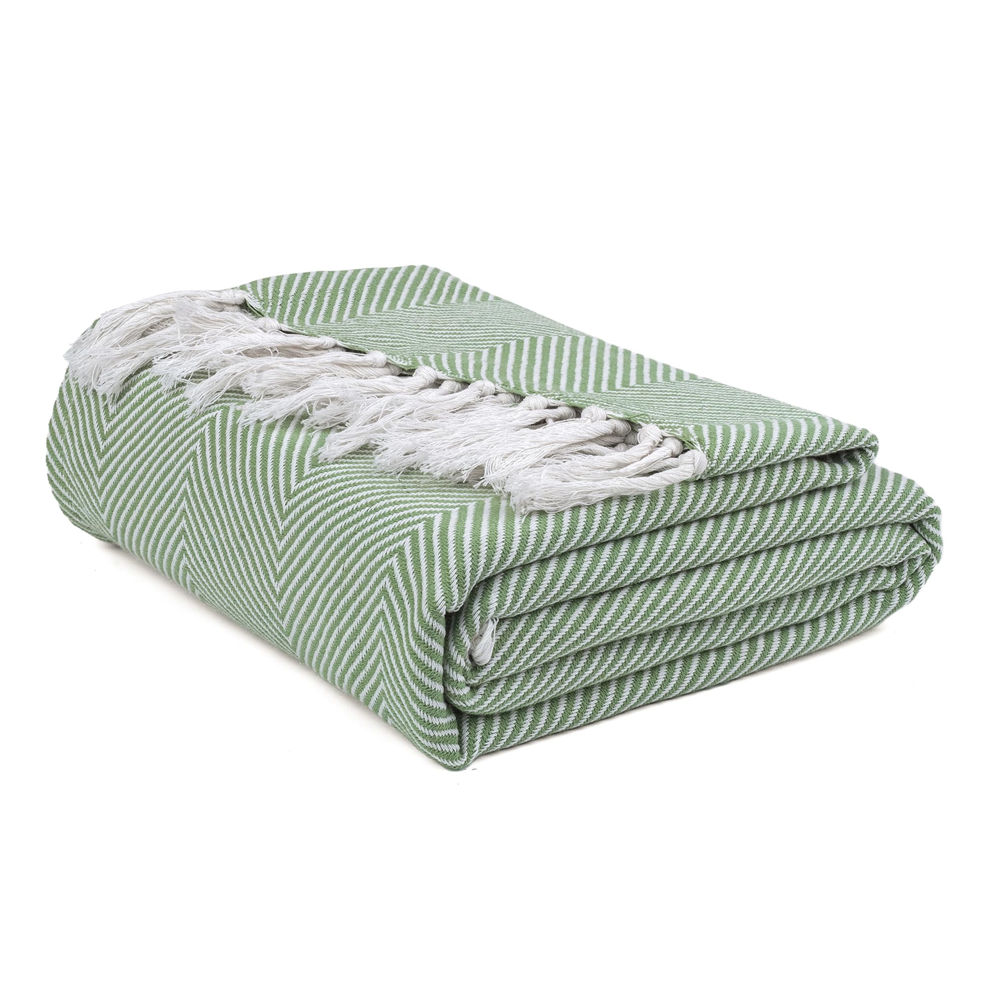 EHC Herringbone Twill Throw, Handwoven Cotton Throws for Sofas Bed Sofa Settee Couch Reversible Bed Cover Over Blanket, Single 127 x 152cm, Ivory/Green