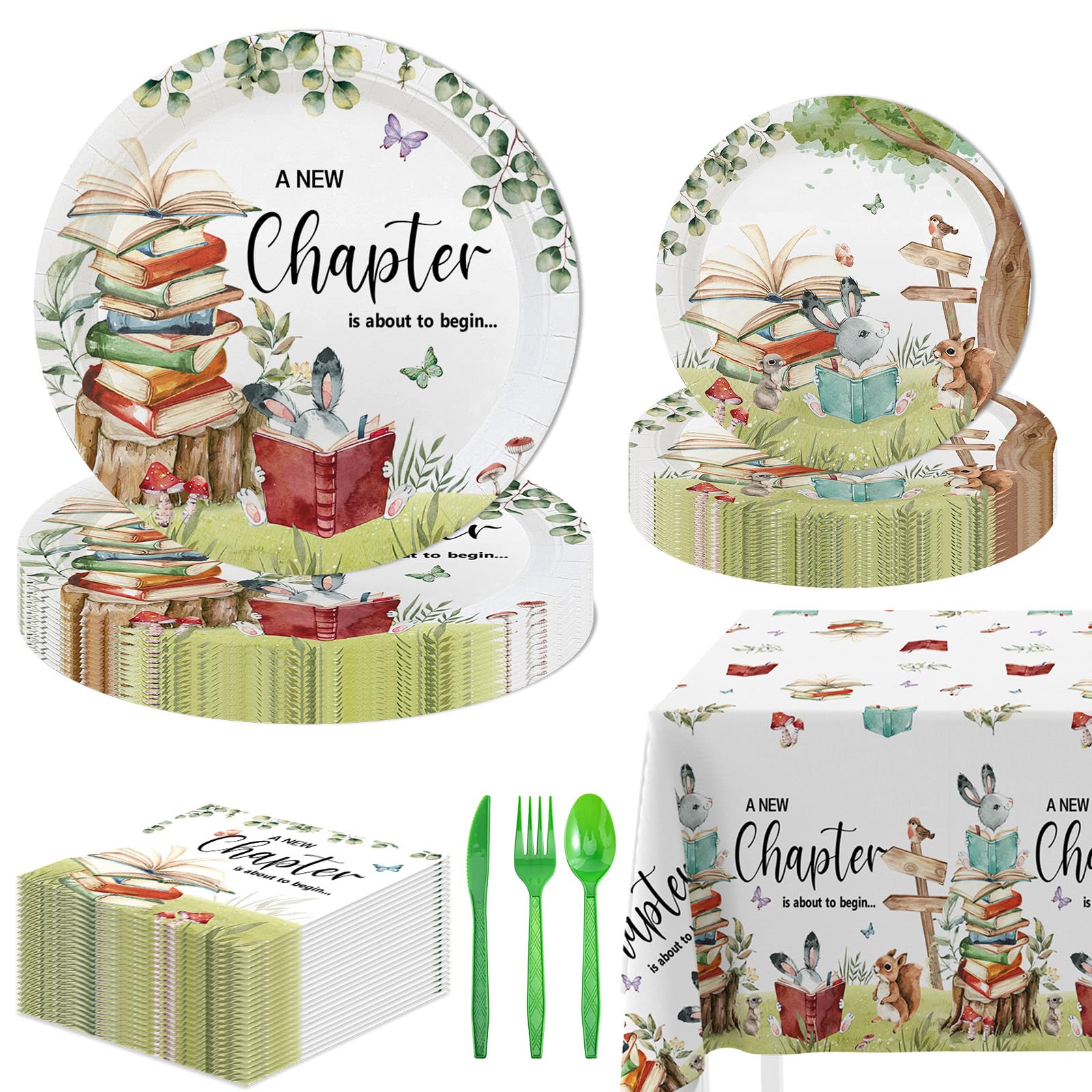 MEHOFOND 145 PCS Book Theme Party Supplies, A New Chapter Baby Shower Disposable Paper Plates,Napkins,Tablecloth, Storybook Tableware for Birthday