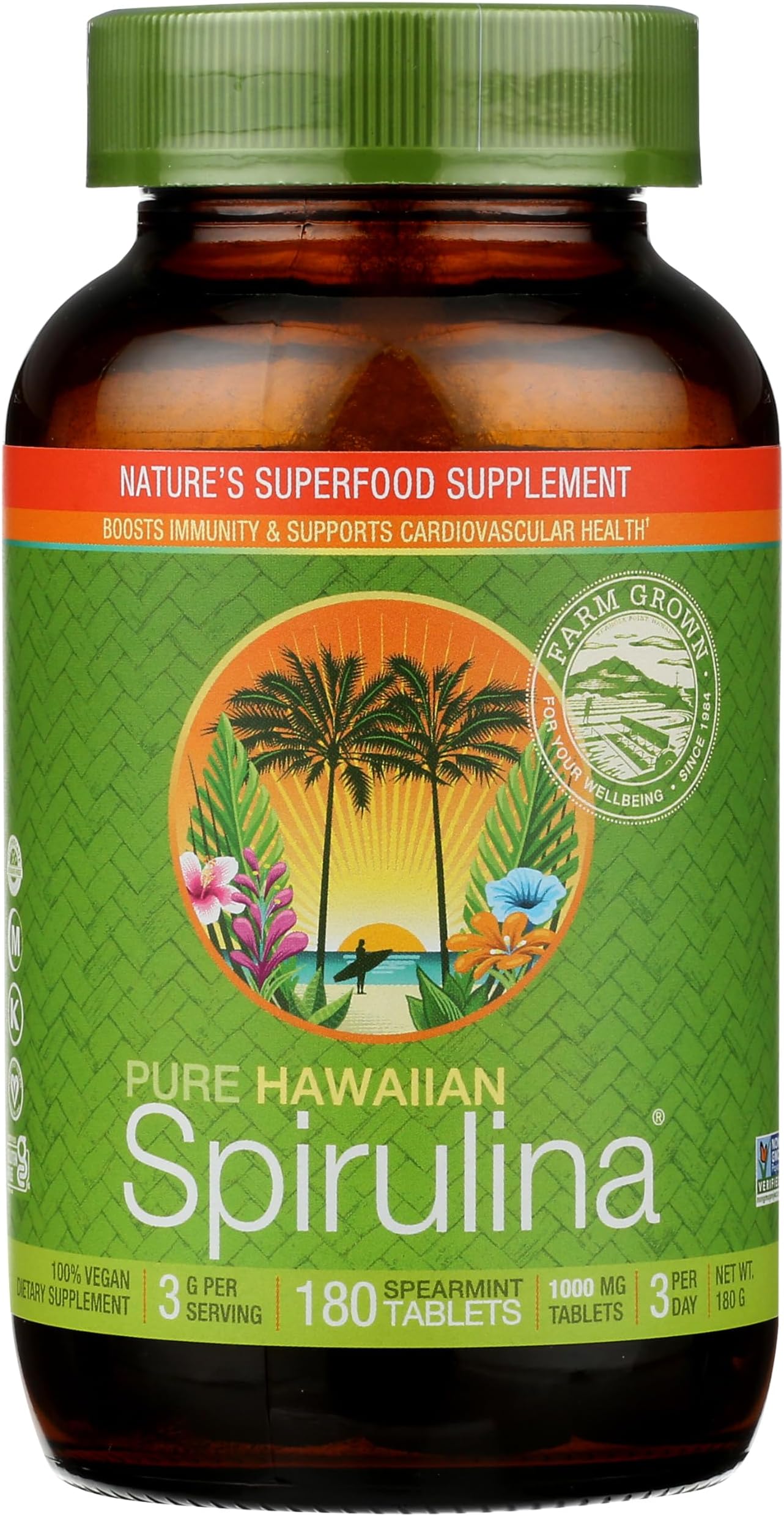 Nutrex Hawaii, Pure Hawaiian Spirulina, 1000 mg Spearmint Tablets, 180 Count, Vegan, Supports Immune System, Heart, Cells and Energy