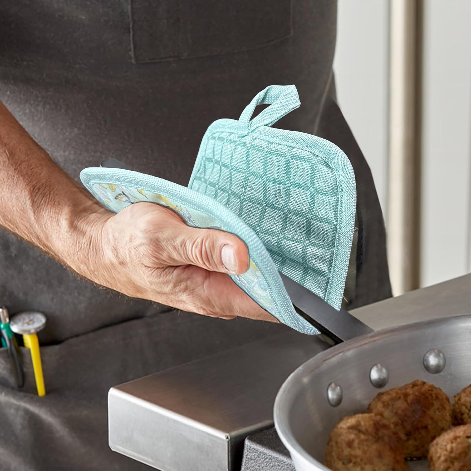 Pot Holders Set of 3 Silicone Printing Non Slip Heat Resistant, Yarm-Dyed Hot Pads Cotton Home Kitchen Cooking Barbecue Microwave Women Men Machine Washable BBQ Grilling. (Light Blue Potholders) - Image 3