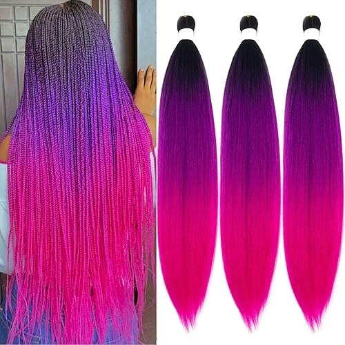 Ai Yuchen Cabello para Trenzar Pre-Estirado Negro Púrpura Rosa Ombré Cabello para Trenzar Pre-Estirado Preestirado 24 pulgadas paquete de 3 Niños