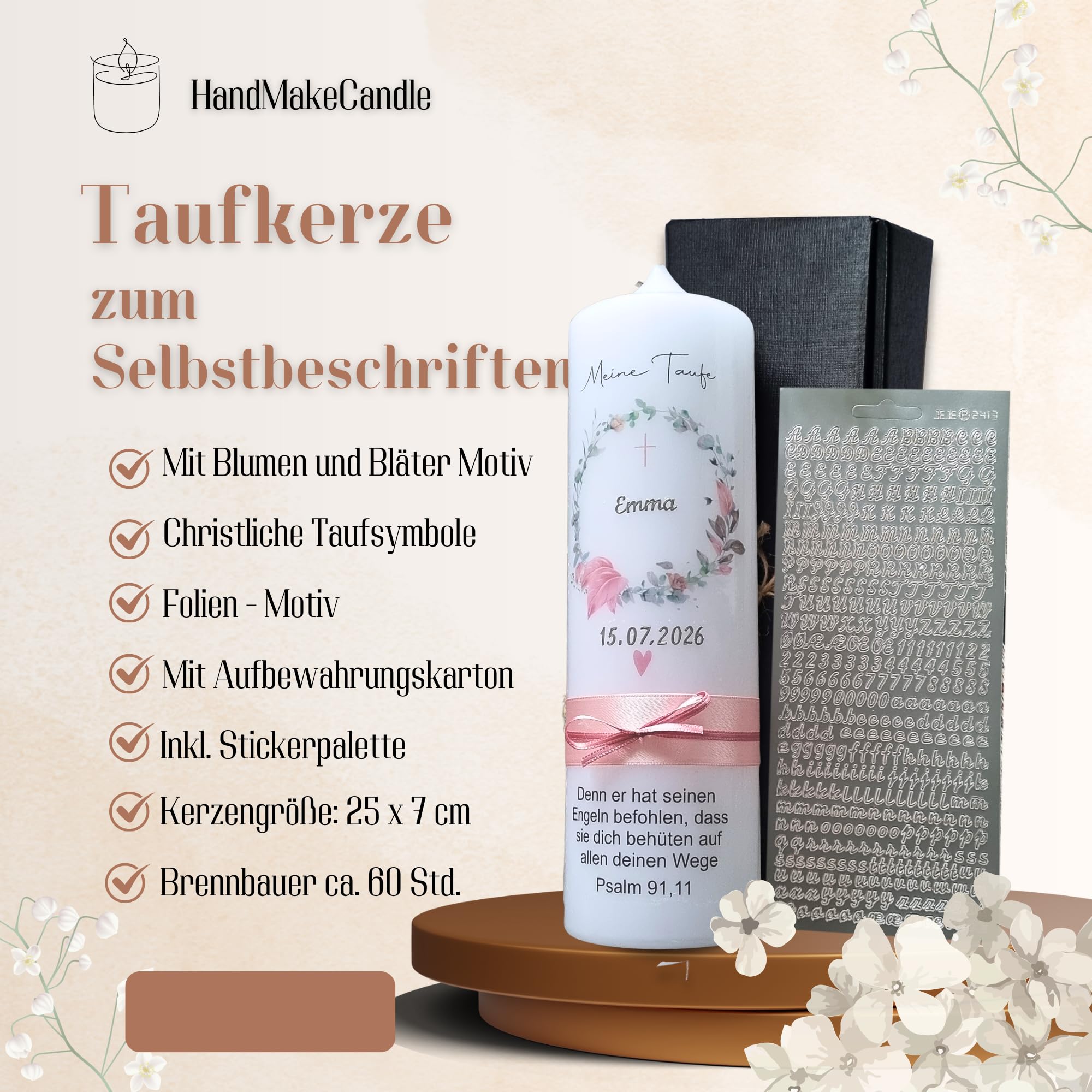 Candela di eucalipto, 25 x 7 cm, personalizzabile con nome e data del matrimonio, regalo di nozze
