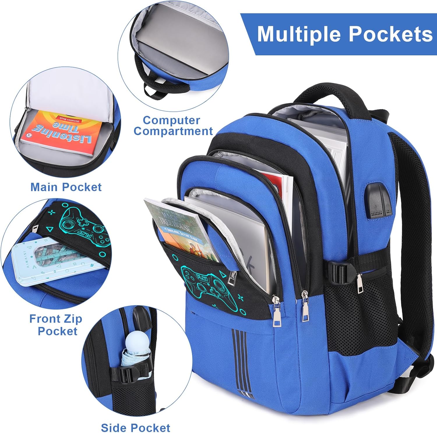 Boys Backpack - Luminous Game Bento Box with Insulated Lunch Bag Pencil Case & Utensils Set for Kids, 6 Leakproof Compartments Removable Tray Lunches or Snack Container (Blue Game Console)