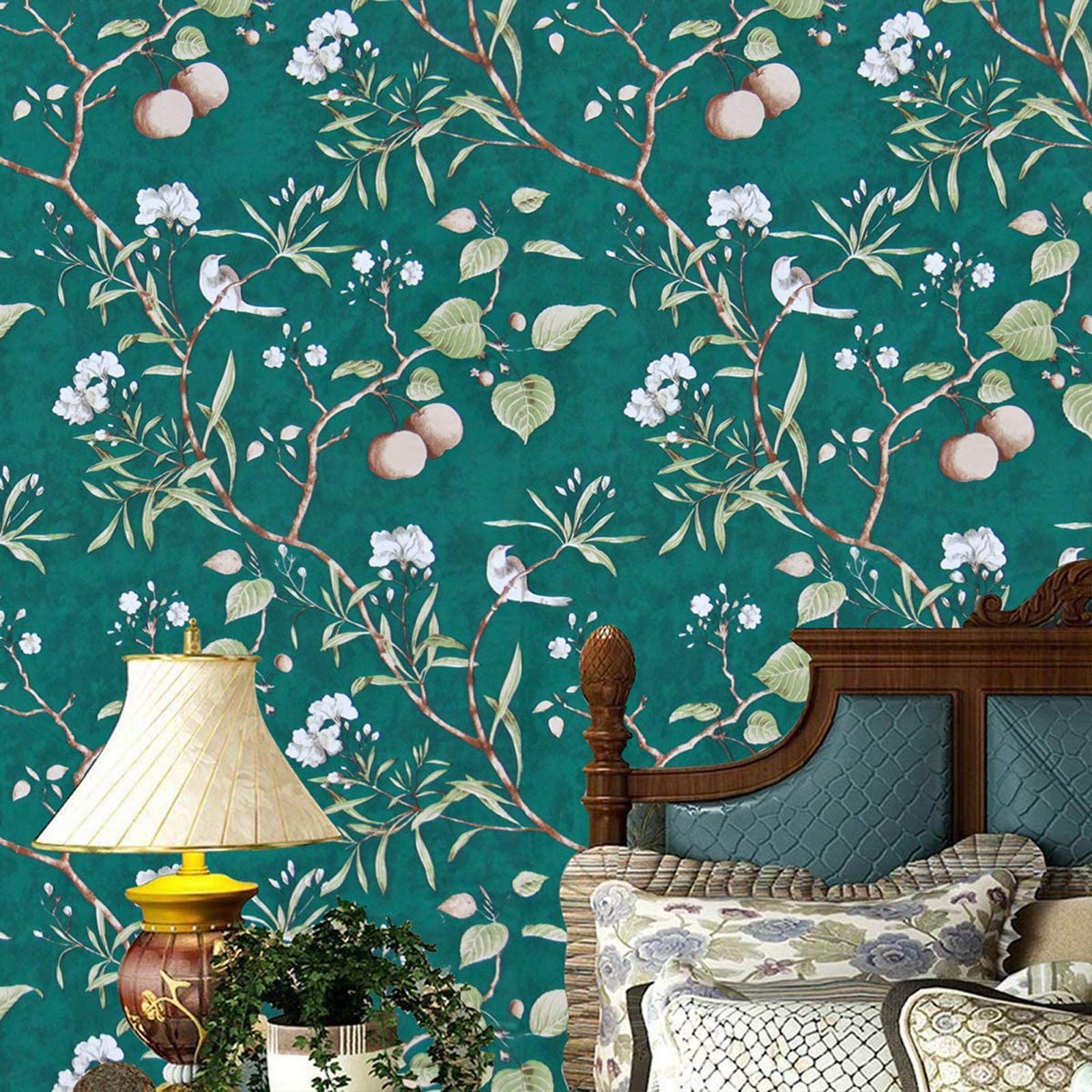 Green Floral Peel and Stick Wallpaper Modern Wallpaper, 17.7" x 78.7