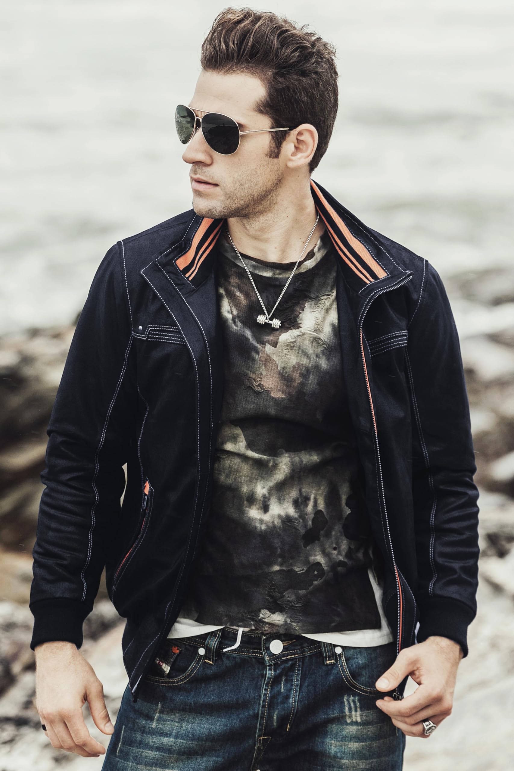FLAVOR Chaqueta de Cuero Genuino para Hombre con Cuello Alto