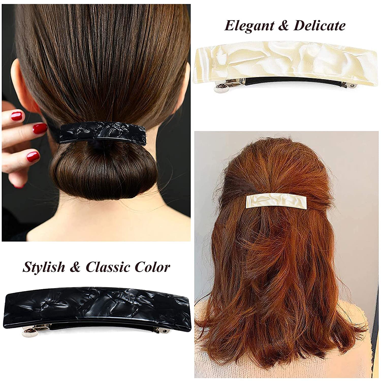 Hair Barrettes Tortoise Shell French Design Celluloid Hair Clip Medium Rectangular Automatic Hair Pins for Women Girl Lady 4 Pack - Image 4