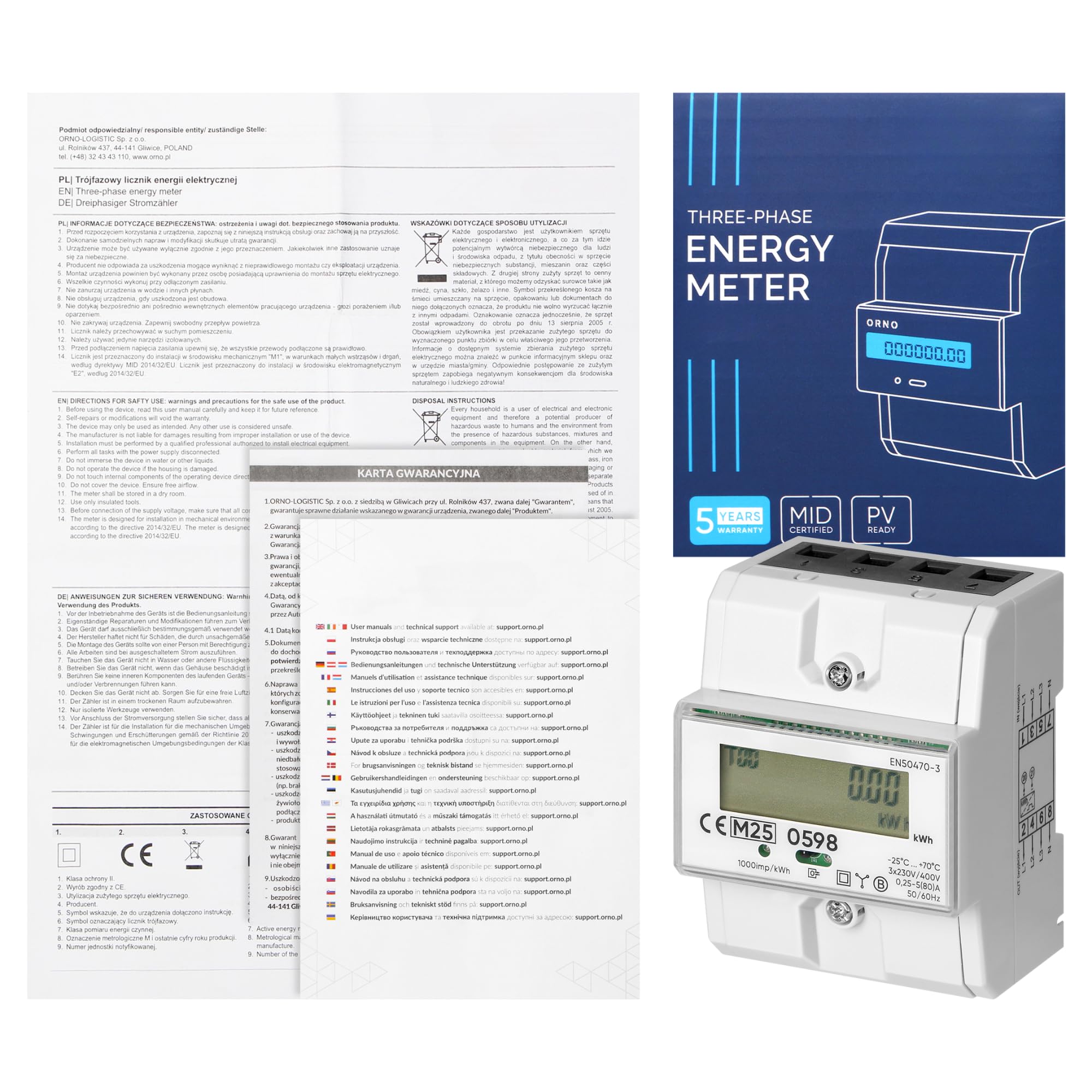 Medidor De Consumo Electrico Trifásico Con Certificado MID DIN TH-35mm 0.25A - 80A