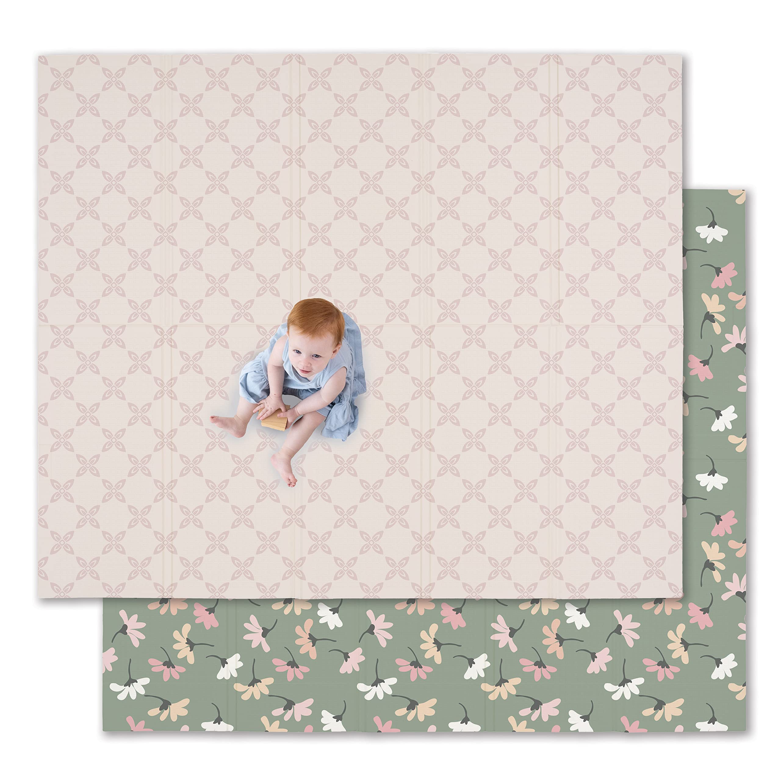 JumpOff Jo - Large Waterproof Foam Padded Play Mat for Infants, Babies, Toddlers, Play & Tummy Time, Foldable Activity Mat, 70 in. x 59 in. - Garden Party