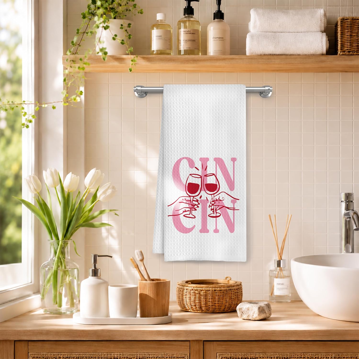 Trendy Preppy Wine Kitchen Towels, Gifts for Wine Lovers Drinkers Dish Tea Towels, Italian CIN CIN Cheers Decorative Hand Towel for Kitchen Bar Cart, 16x24 Inch image 3