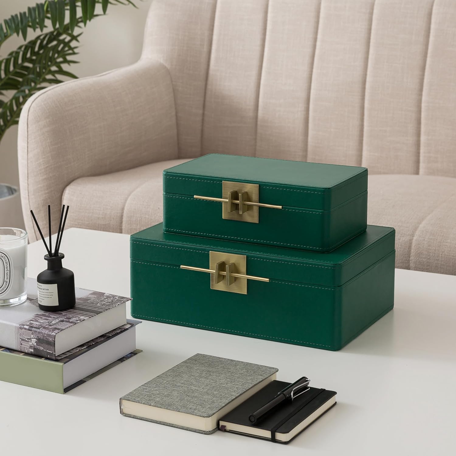 Soul & Lane Faux Leather Decorative Boxes with Lids for Home Decor, Set of 2 Stacking Hinged Boxes for Coffee Table and Living Room Shelves, Remote Control Holder, Emerald Green
