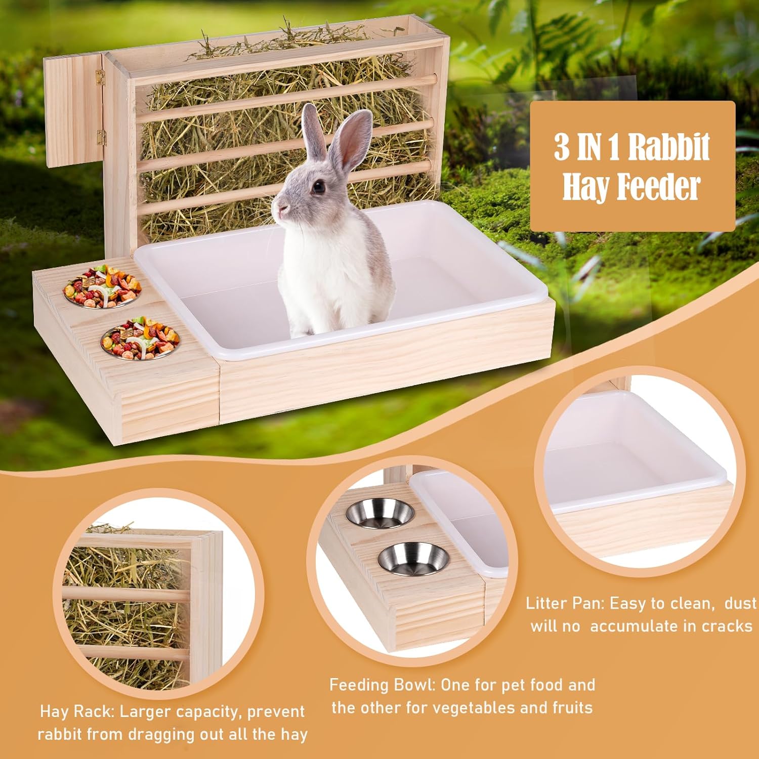 Rabbit Hay Feeder with Litter Box 3 in 1 Wooden Bunny Feeder No Waste Hay Holder Rack with 2 Bowls and Litter Box for Small Animal Guinea Pig Hamster Chinchilla