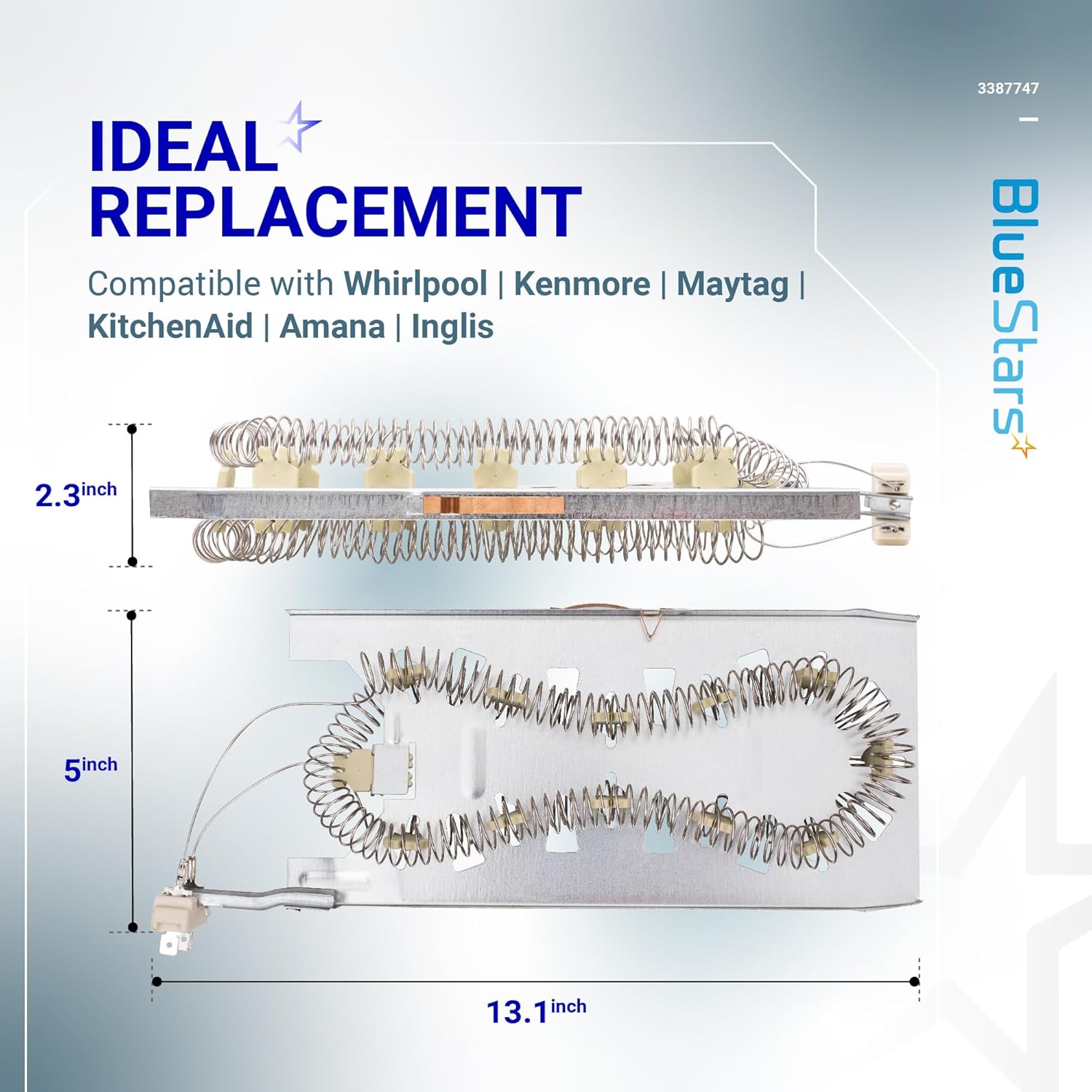 BlueStars 3387747 WP3387747 Dryer Heating Element for Whirlpool MEDB835DW4 GEW9250PW1 GEW9250PW0 GEW9200LW1 WED5100HW1 WED8300SW2 MED6230HW1 and Maytag KitchenAid Dryers Replaces W11344457 PS11741416