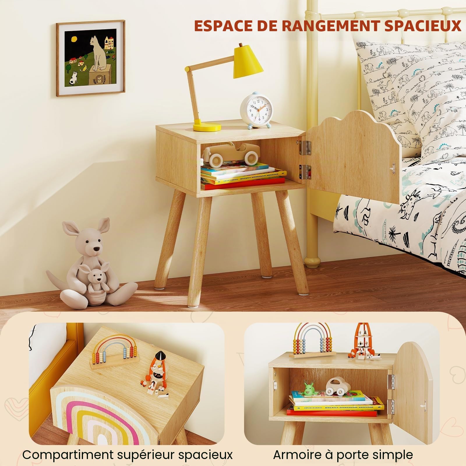 FANTASK Lot de 2 Tables de Chevet pour Enfant avec Motifs Arc-en-Ciel et Nuages - Petite Table d'appoint Mignonne et Pieds en Bois Massif - Table de Chevet pour Chambre d'enfant - 34 x 30 x 54 cm