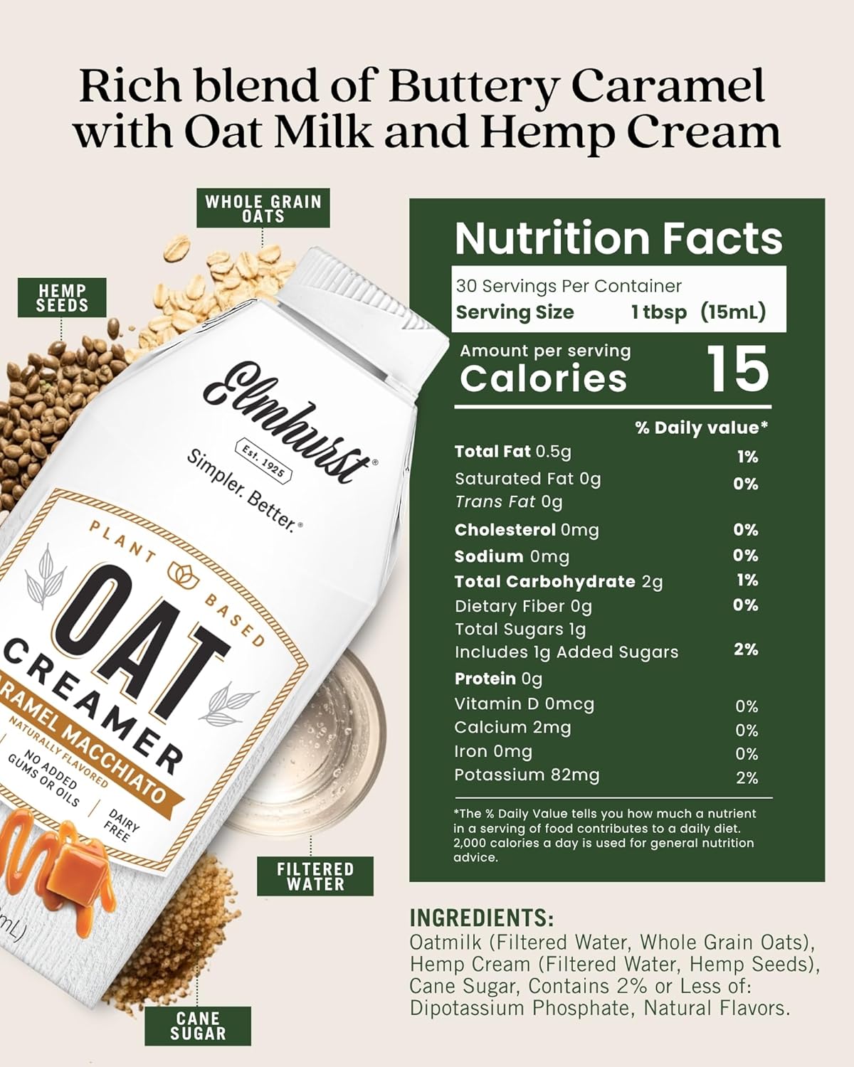 Elmhurst 1925 Caramel Macchiato Oat Creamer - 16 Ounce (Pack of 6) Dairy-Free, Vegan, Kosher, Low Sugar, Shelf Stable Creamer Made with Oat Grains & Caramel for Simpler Plant Based Alternatives