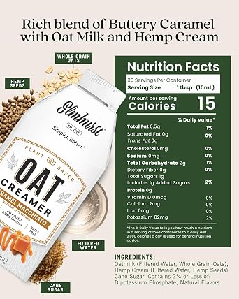 Elmhurst 1925 Caramel Macchiato Oat Creamer - 16 Ounce (Pack of 6) Dairy-Free, Vegan, Kosher, Low Sugar, Shelf Stable Creamer Made with Oat Grains & Caramel for Simpler Plant Based Alternatives