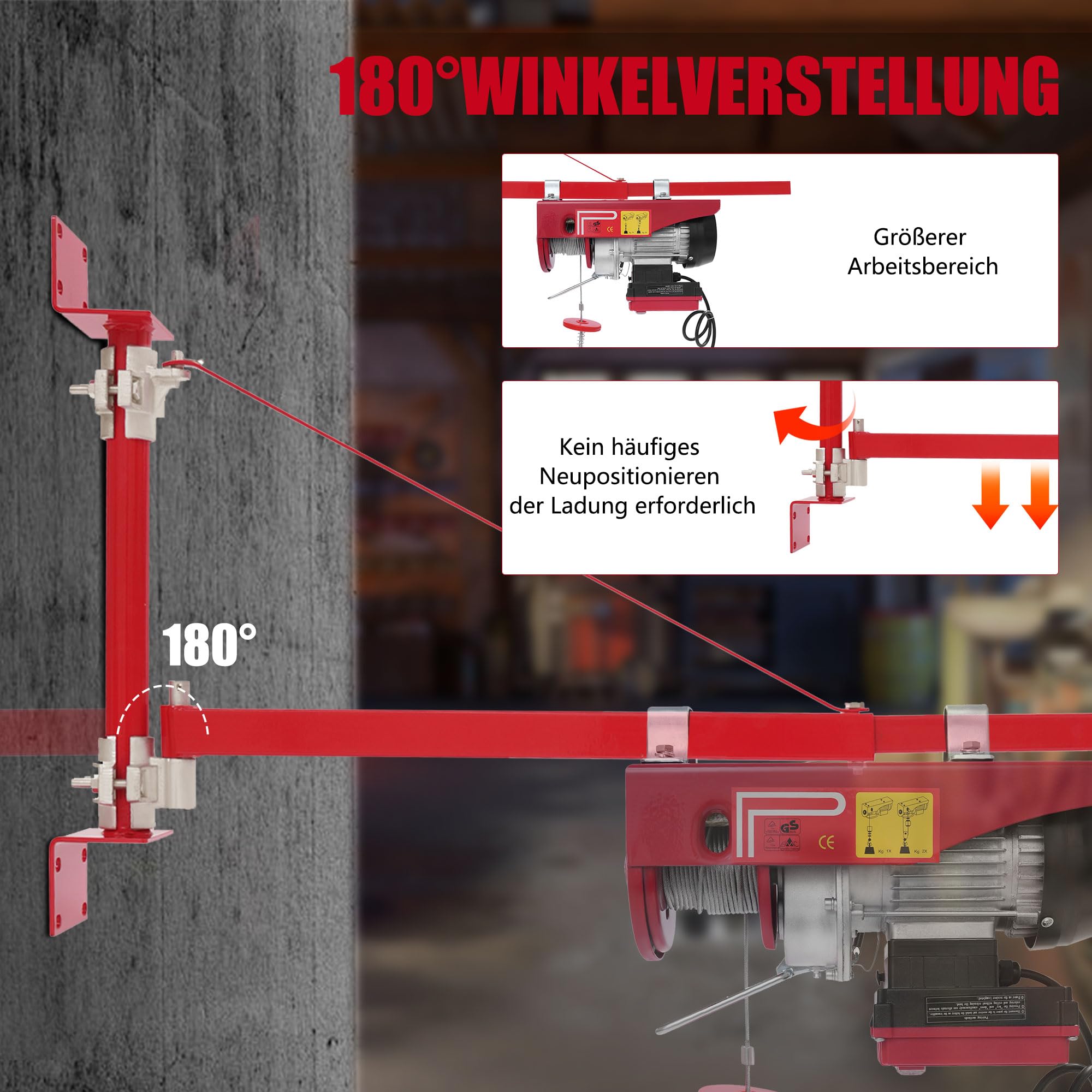 Elektrische Seilwinde 250kg mit 1.15m Schwenkarm 80m Kabellose Fernbedienung 12m Hubhöhe Flaschenzug
