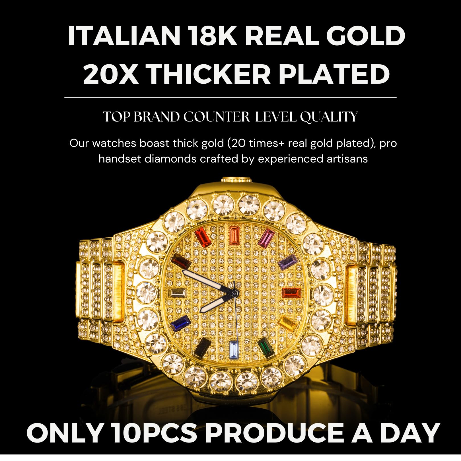Halukakah Moissanit-Diamant Gold Uhr Für Männer - 18k Echtgold/Platin Weißgold Plattiert,Extragroßes,Diamanten Besetztes Zifferblatt mit Mehrfarbigen Edelsteinen,Iced Out,24cm Armband, mit Geschenkbox