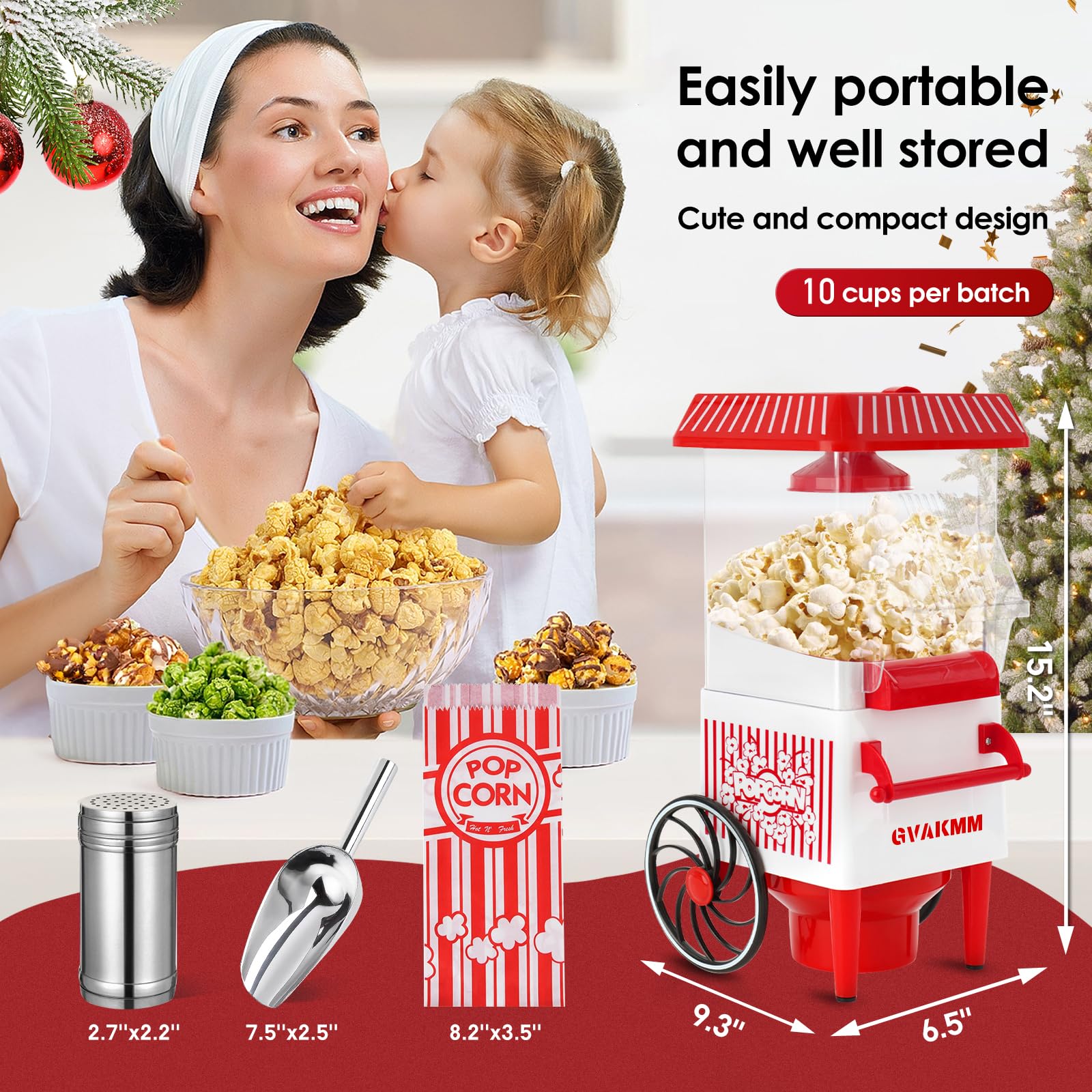 Macchina per popcorn, kit per popcorn ad aria calda, scatola regalo portatile, macchina per popcorn domestica, 10 tazze, senza olio, stile retrò, compatta EU