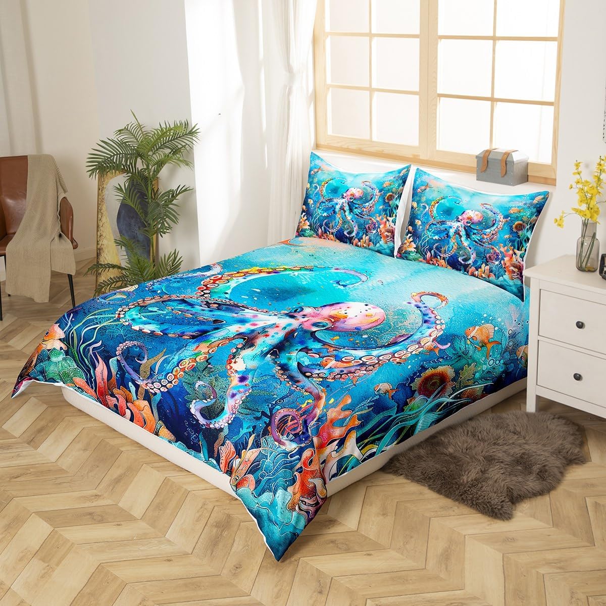 Feelyou Octopus Comforter Cover King Size for Boys Girls, Ocean Octopus Bedding Set Sealife Duvet Cover Ocean Animal Bedspread Cover Room Decor Breathable Quilt Cover(No Comforter)