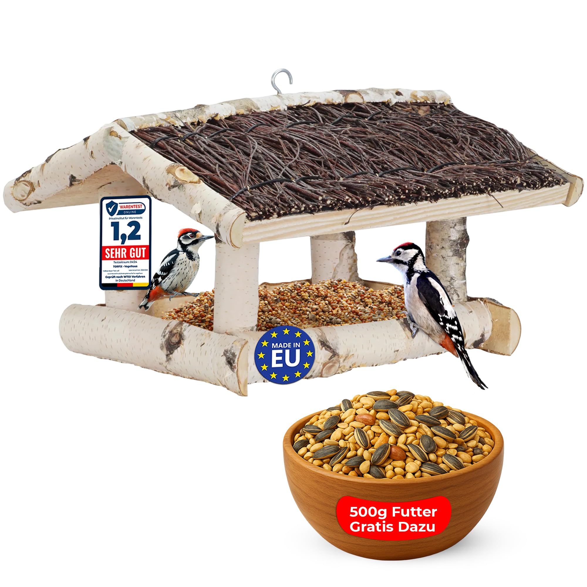 Vogelfutterhaus zum Aufhängen - Futterhaus für Vögel hängend - Bird House - wetterfest -wetterbeständiges Dach, 39×35×25 cm, inkl. 500g Vogelfutter sofort einsatzbereit Handgefertigt in der EU