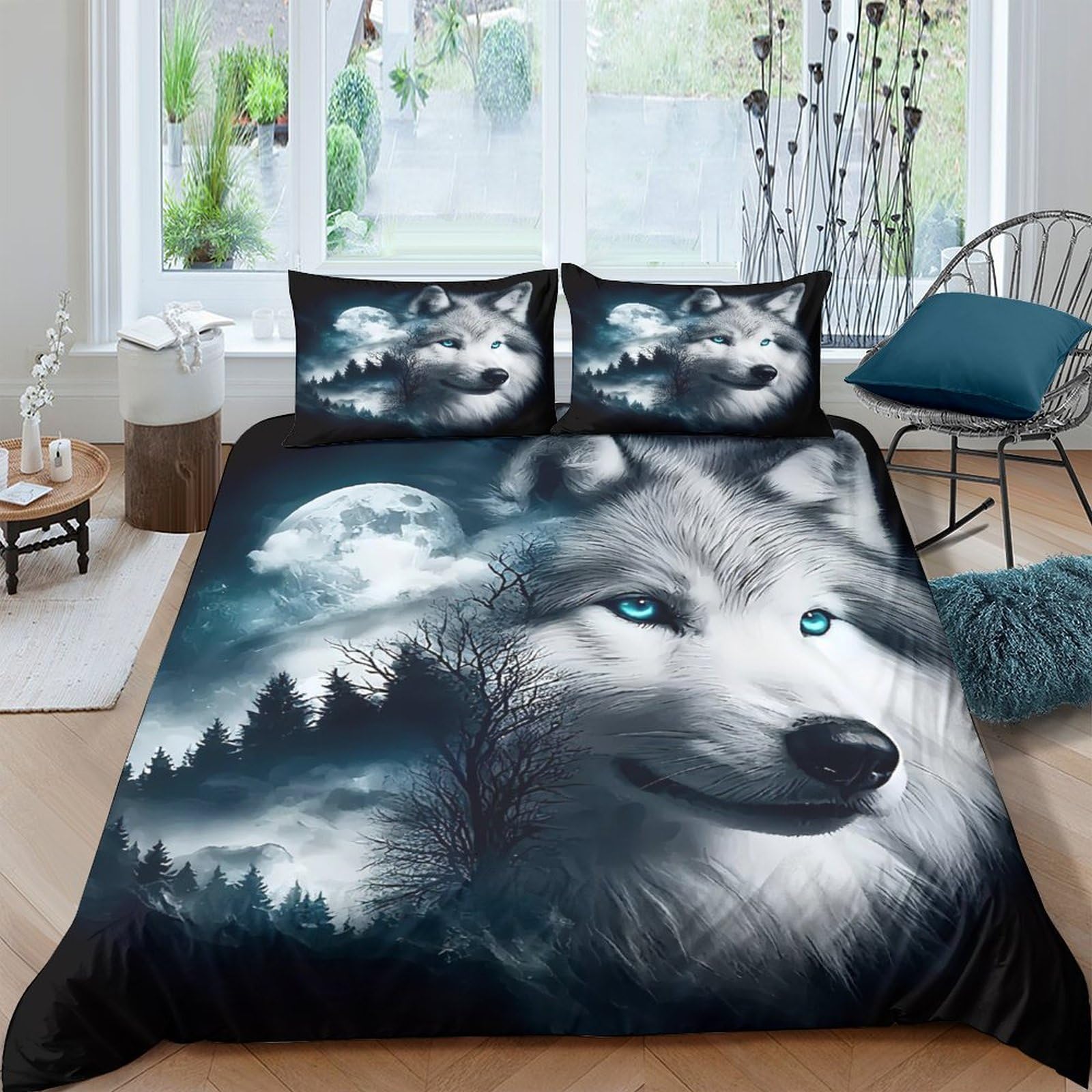 Parure de lit loup double 200x200 housse de couette microfibre imprimé animal