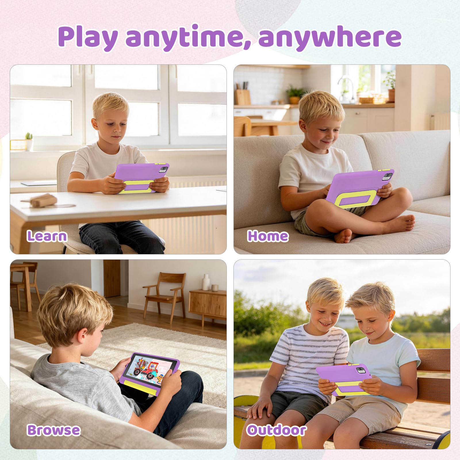 Whitedeer Kids Tablet, 7 inch Tablet for Kids 3-7 Ages 8GB RAM +64GB ROM, Android 13, Parental Controls, Dual Camera, Wi-Fi, Bluetooth, Type-C, Impact Resistant Case, Gift,Purple — view 8