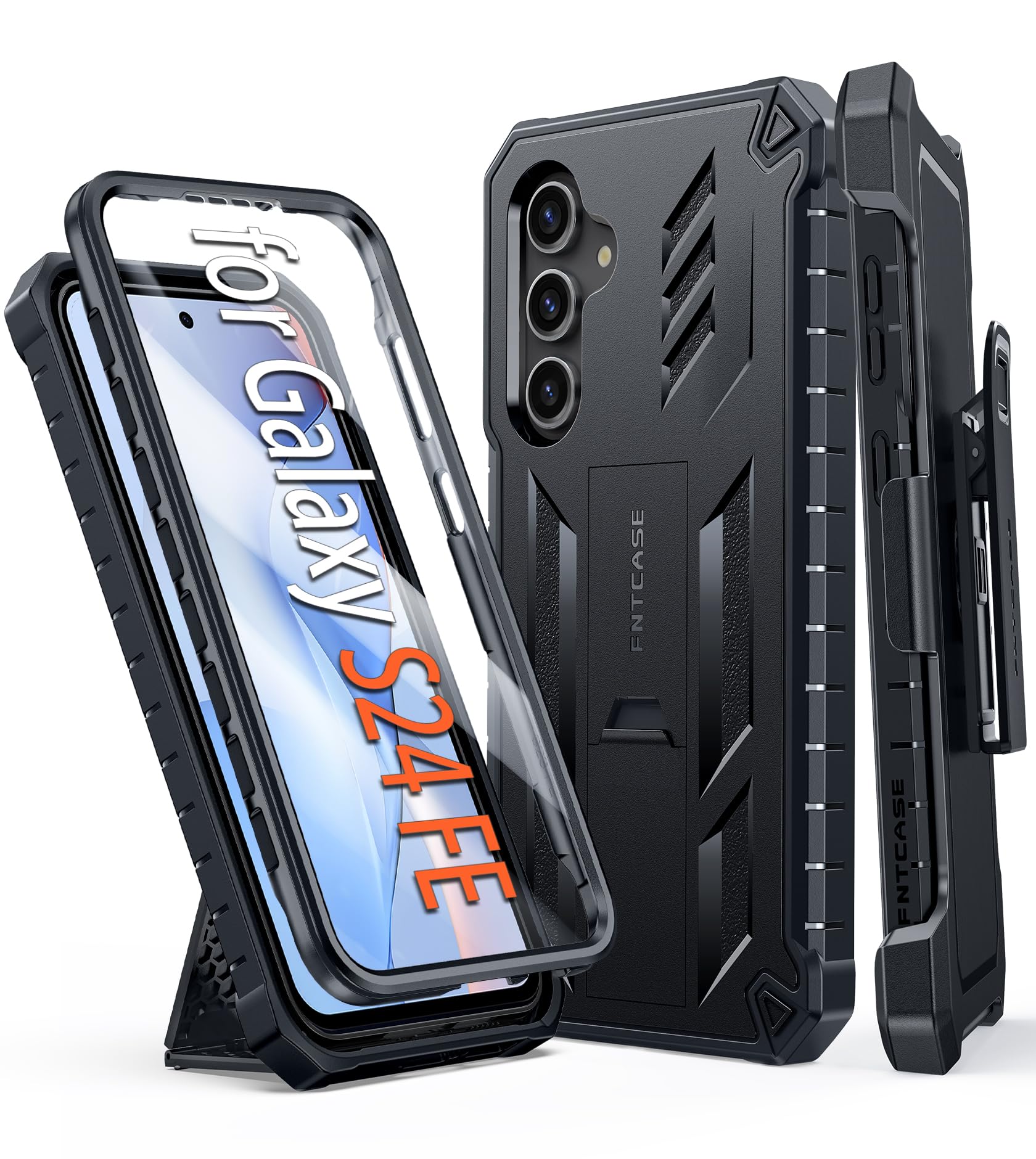 FNTCASE for Samsung Galaxy S24-FE Case: Military Grade Rugged Cell Phone Cover with Kickstand & Holster | Shockproof TPU Protection Bumper Matte