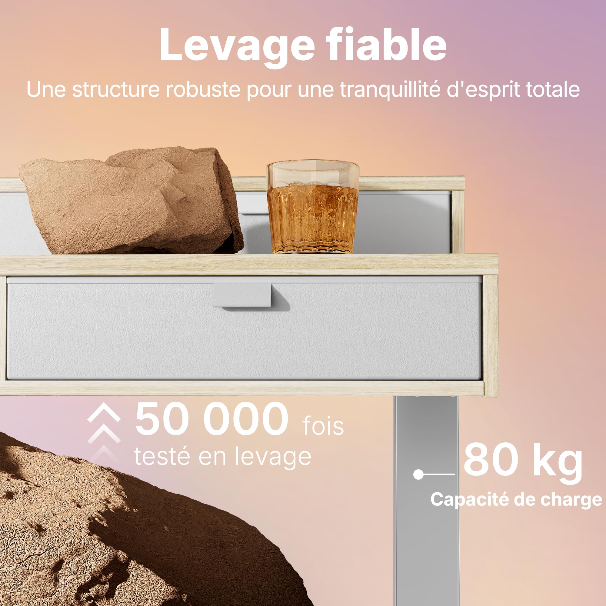 HUANUO Petit Bureau Assis Debout Tiroirs 80 x 53 cm Réglable Hauteur