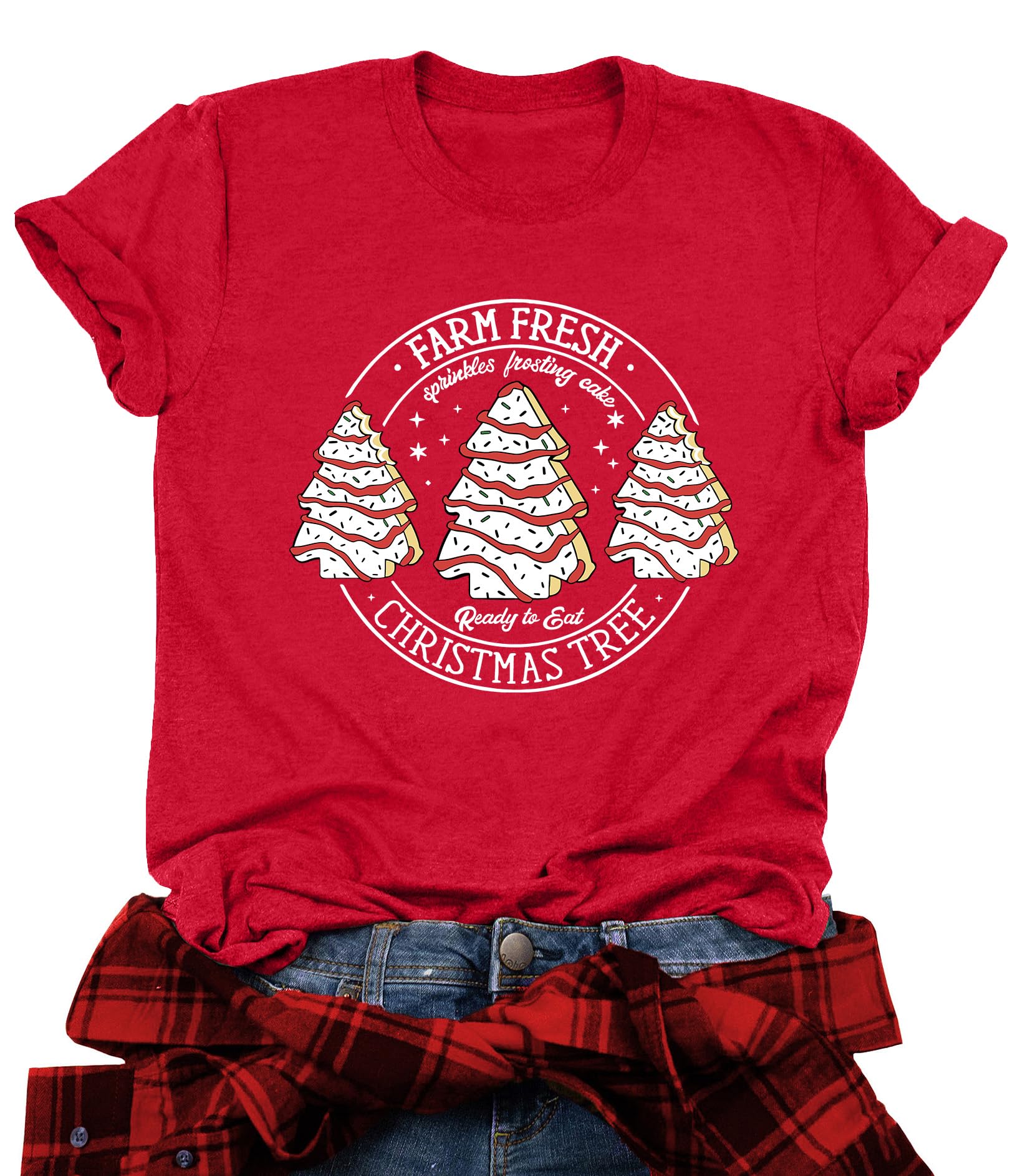 ELDPS Christmas Tree Shirts for Women: Xmas Cake Shirt Farm Fresh Christmas Tree Cakes Short Sleeve Tee Tops