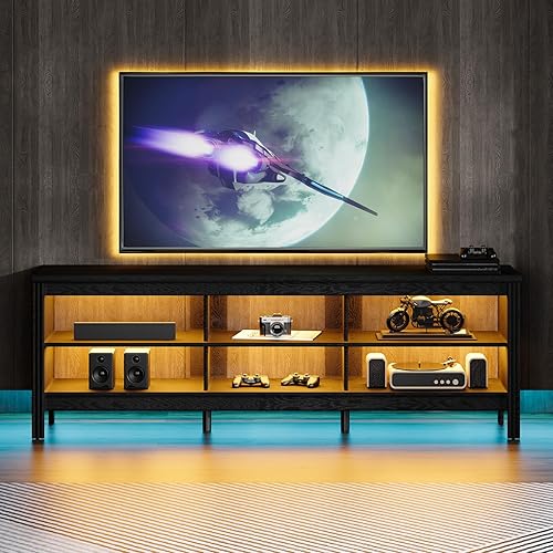 WAMPAT Soporte de TV LED para TV de 75 pulgadas con luz LED amarilla, centro de entretenimiento negro para mesa consola de TV de 80 pulgadas con 6