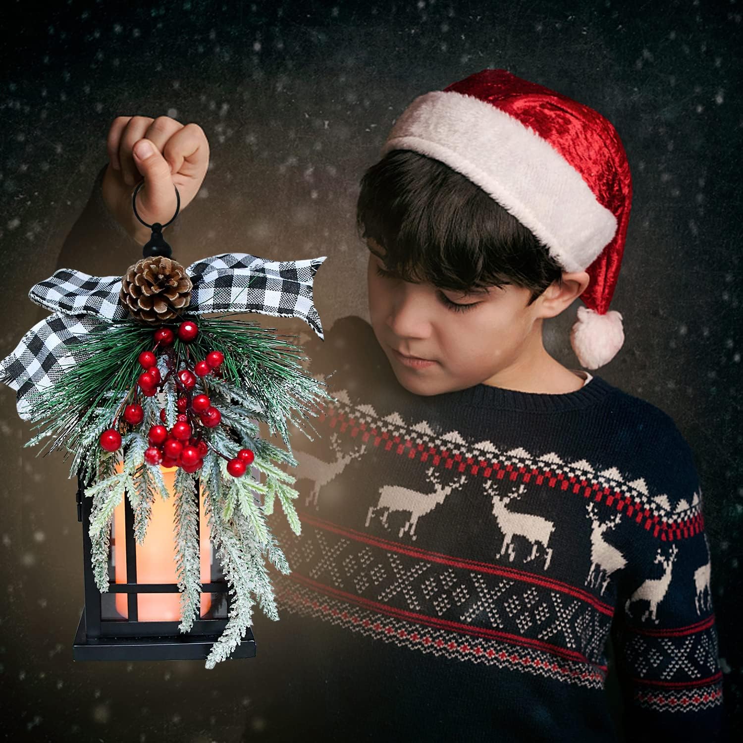 Christmas Decorative Lantern w/LED Flickering Flameless Candle - 14 Inch, Antiqued Vintage Lantern with Xmas Ornament for Outside Indoor Table Holiday Party Decorations