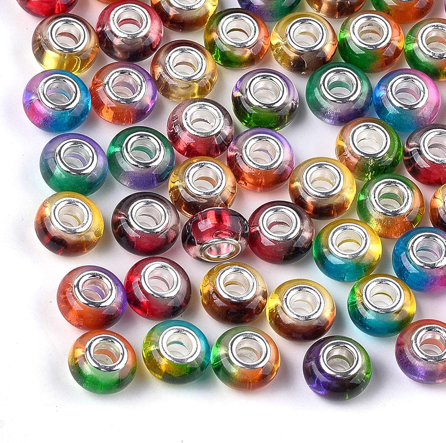 Craftdady 100pcs Rondelle Resin European Beads Large Hole Colorful Smooth Slide Charm Beads with Silver Core 14x8.5-9mm Mixed Colors for Leather Macrame Jewelry Craft Making Hole: 5mm