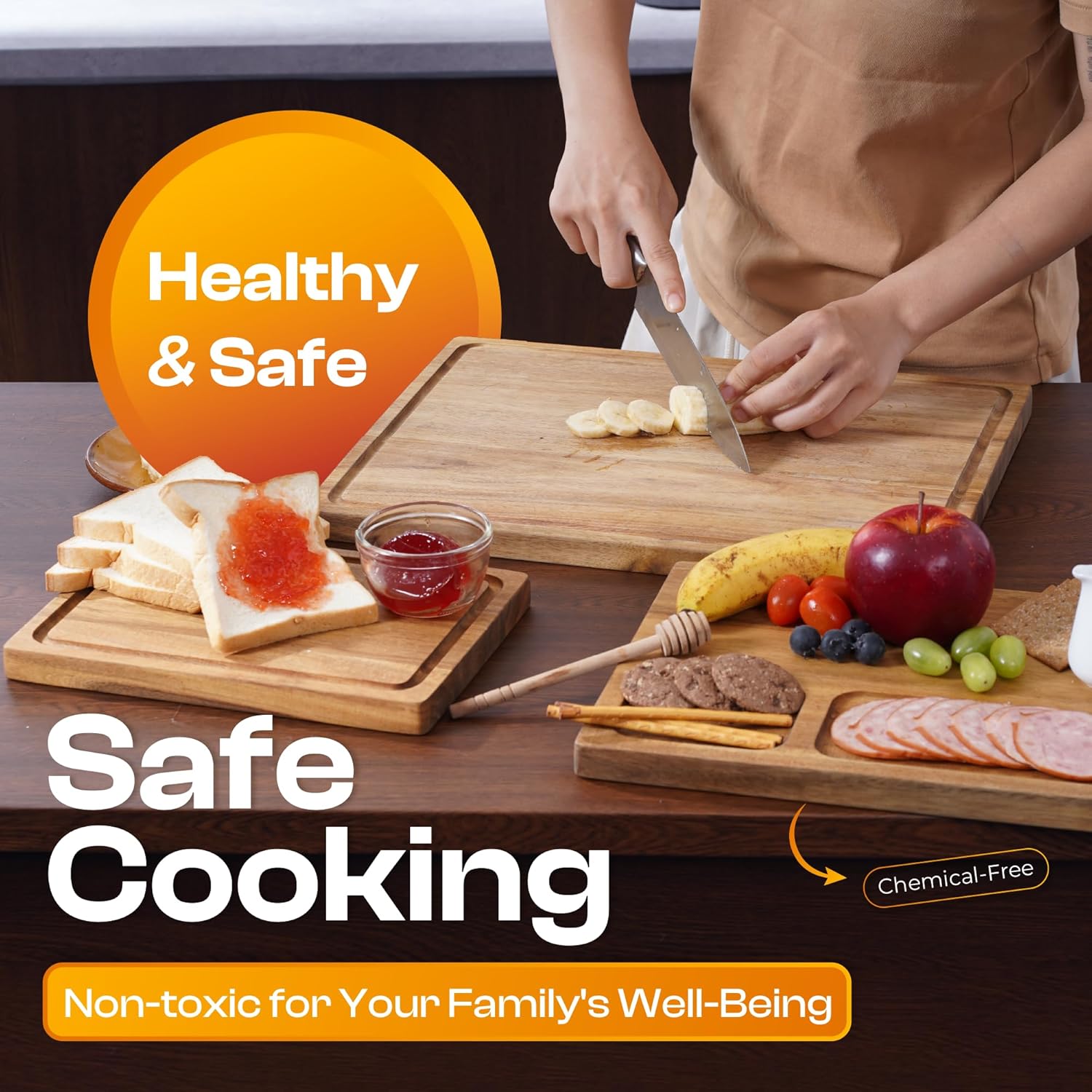 Acacia Wood Cutting Board Set of 3 – 2-in-1 Reversible Butcher Blocks & Serving Trays with Juice Groove, 100% Natural Hardwood, Multi-Size, Gift Box Ready - Image 5