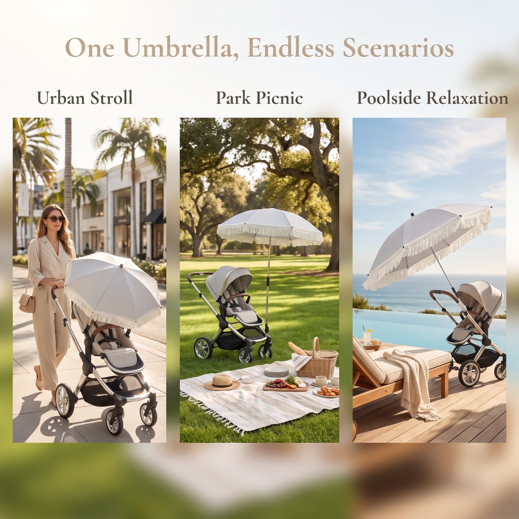 Kichvoe Sombrilla universal para cochecito con flecos, parasol con clip para cochecito de bebé, toldo con protección UV, ideal para carritos de bebé, playa y sillas de exterior.