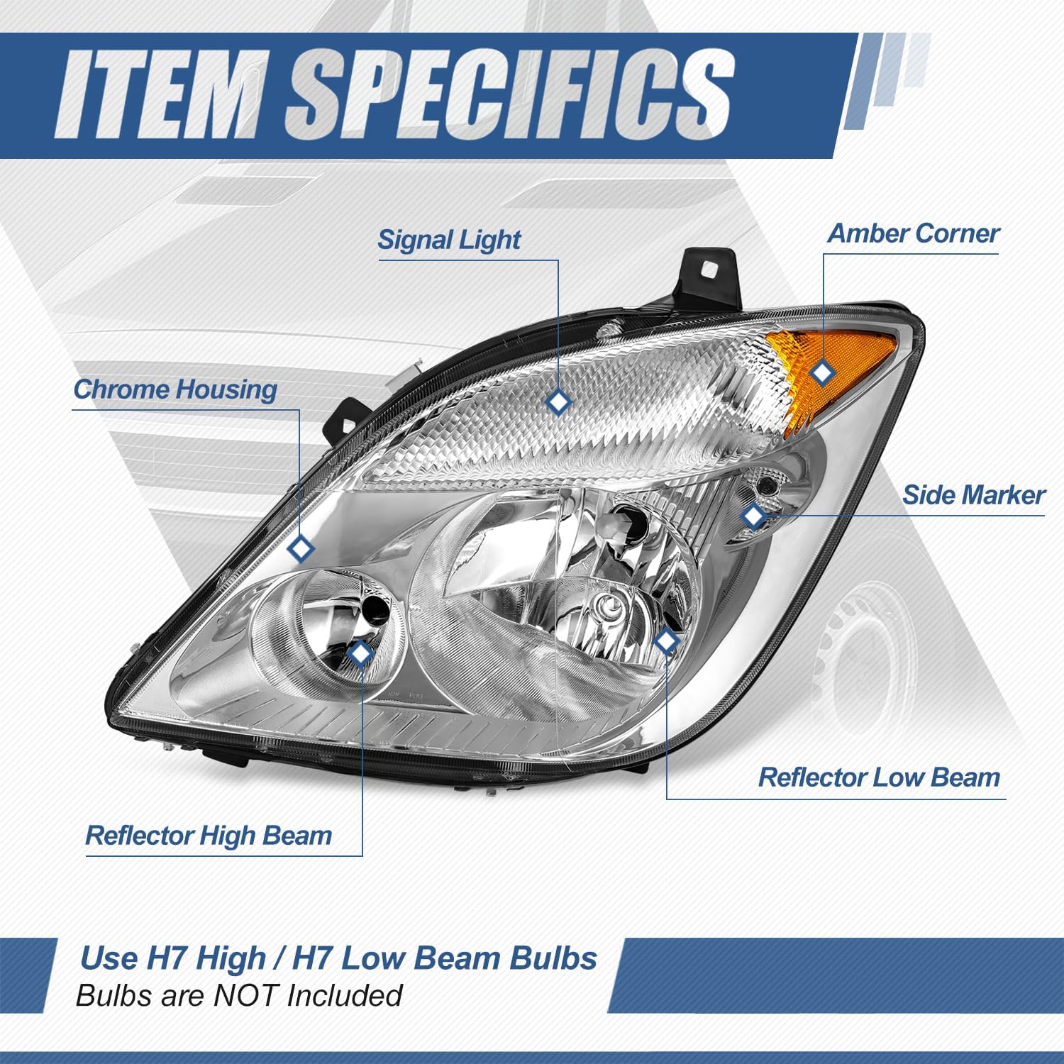 Auto Dynasty Headlights Assembly Compatible with 2007-2013 Dodge Freightliner Mercedes Benz Sprinter, Driver Left Side Halogen Headlamps Replacement, CH2502198, Chrome Housing Amber Corner
