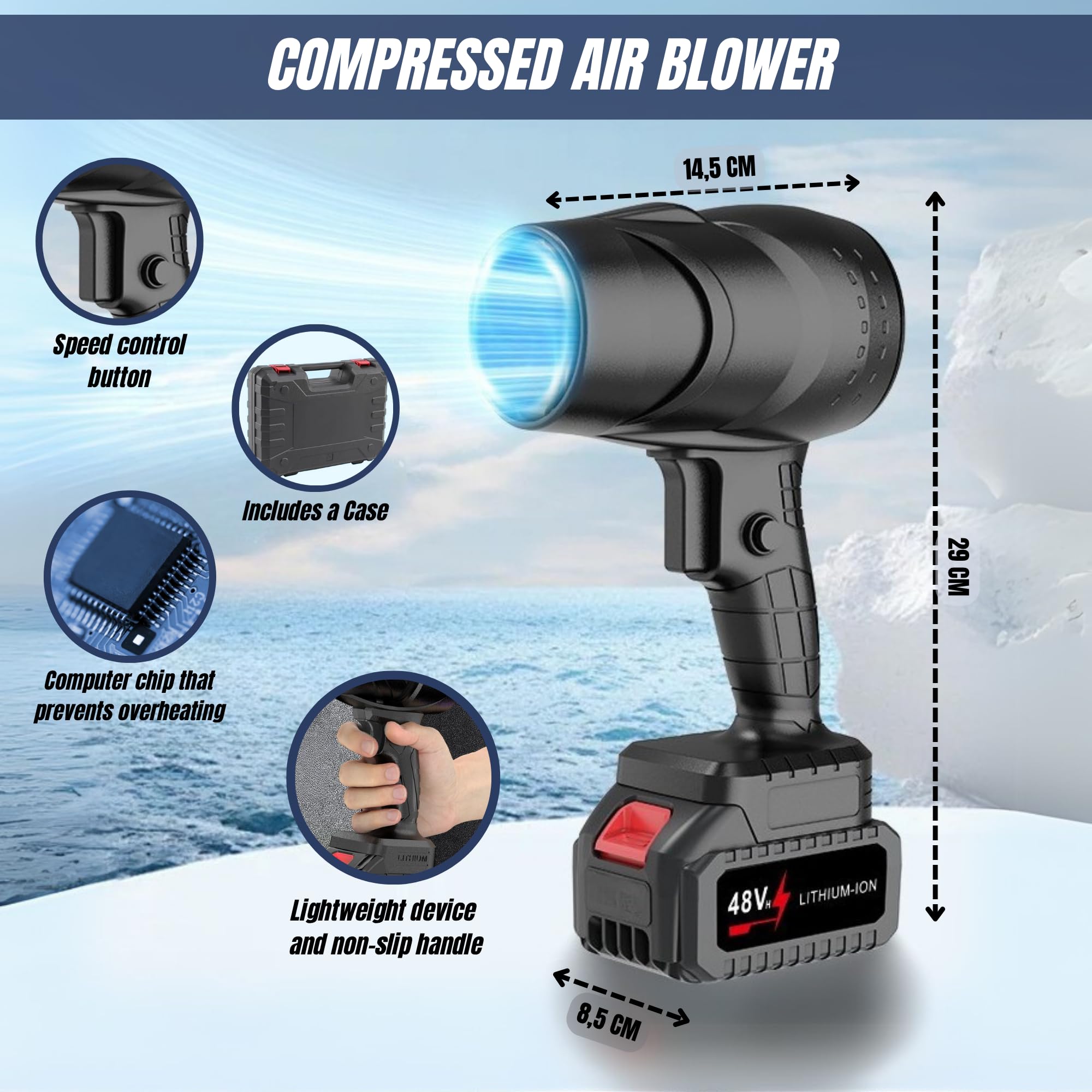 Soplador de Chorro Turbo. Soplador Turbo Jet, 130000 RPM. Plumero de Aire Inalámbrico. Mini Soplador de Hojas. 1050 W. Incluye 2 Baterías de 48V. para Limpiar Jardín, Nieve, Polvo, Etc.