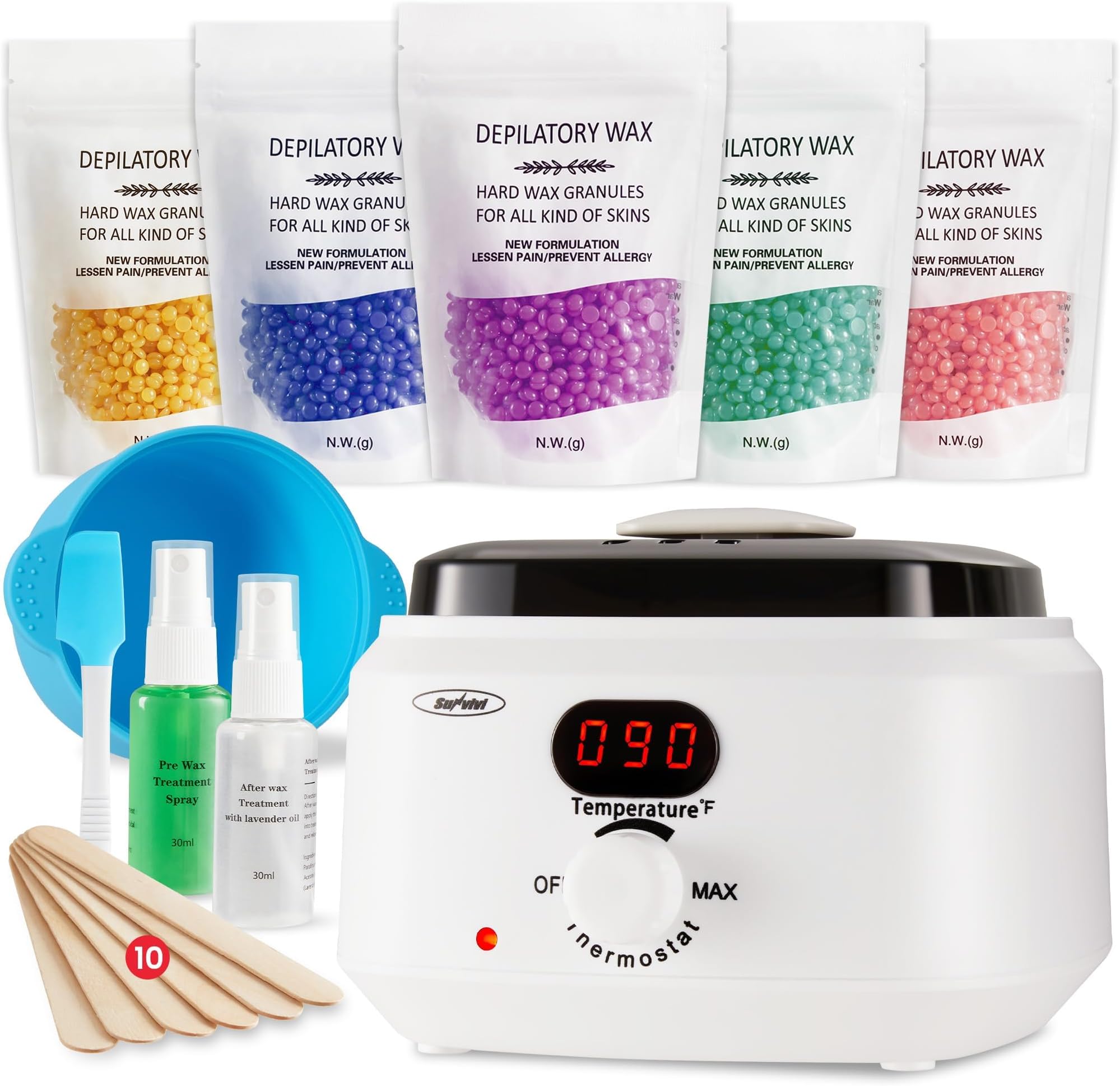 Waxing Kit, Brazilian Wax Warmer for Hair Removal with 5 Bag Hard Wax Beads, Digital Display Melt Warmer Kit for Women Men Full Body, Legs, Face, Bikini,Sensitive skin, White