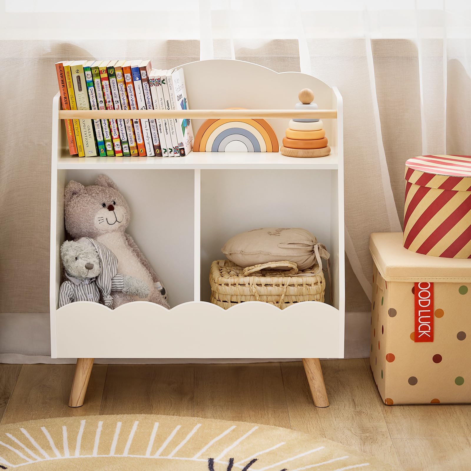 SoBuy Bibliothèque Enfant, Étagère à Livres, Étagère de Rangement Jouets pour Enfants, Meuble Rangement sur Pieds pour Chambre d’Enfant, 2 Compartiments Ouverts, Blanc, 61 x 35 x 71 cm KMB100-K-W