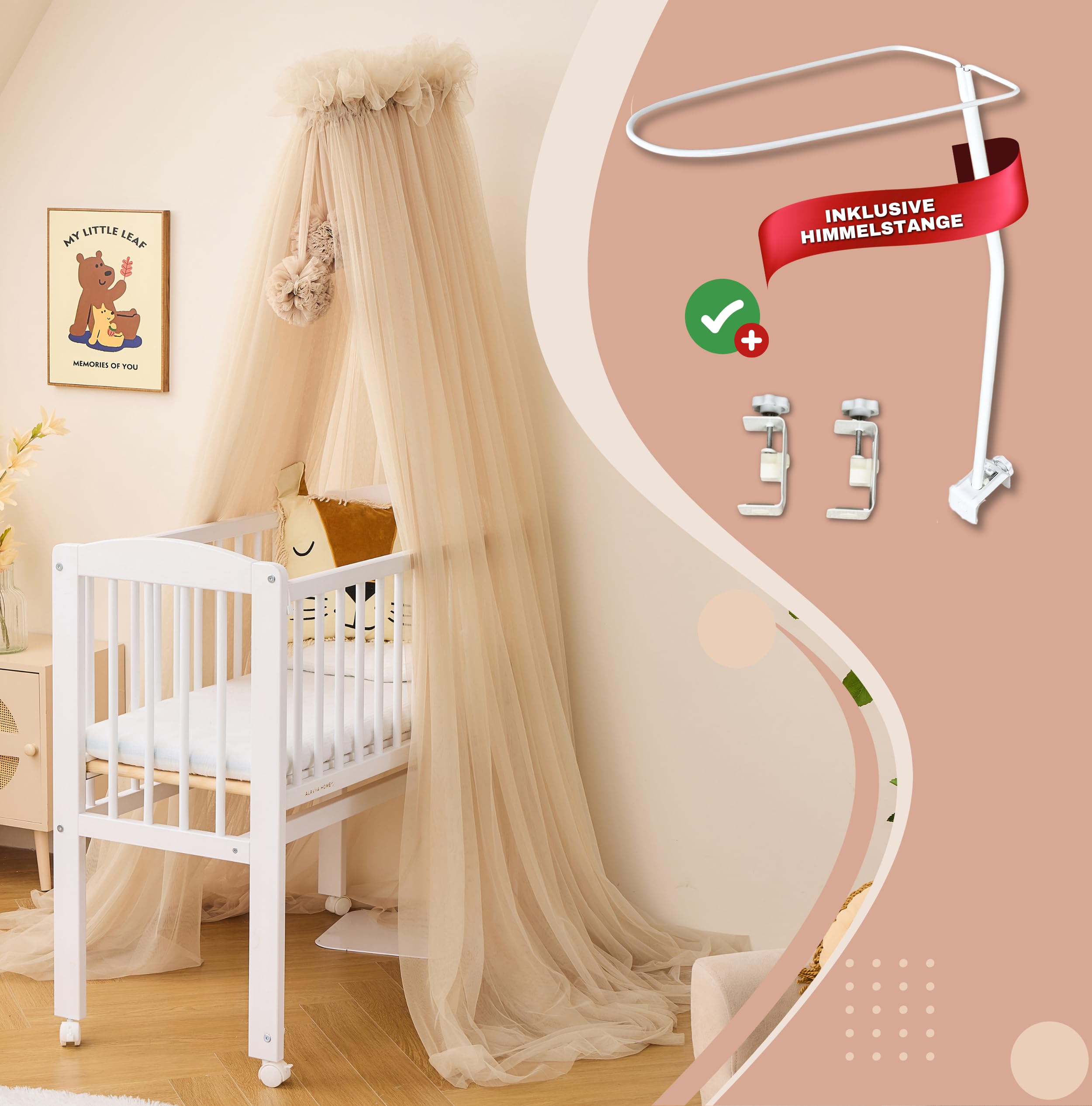 ALAVYA HOME Baldacchino in tulle, lunghezza 120 cm, per culla e culla, zanzariera con 2 pompon e baldacchino, decorazione per la cameretta dei bambini, protegge e incanta il vostro bambino durante il