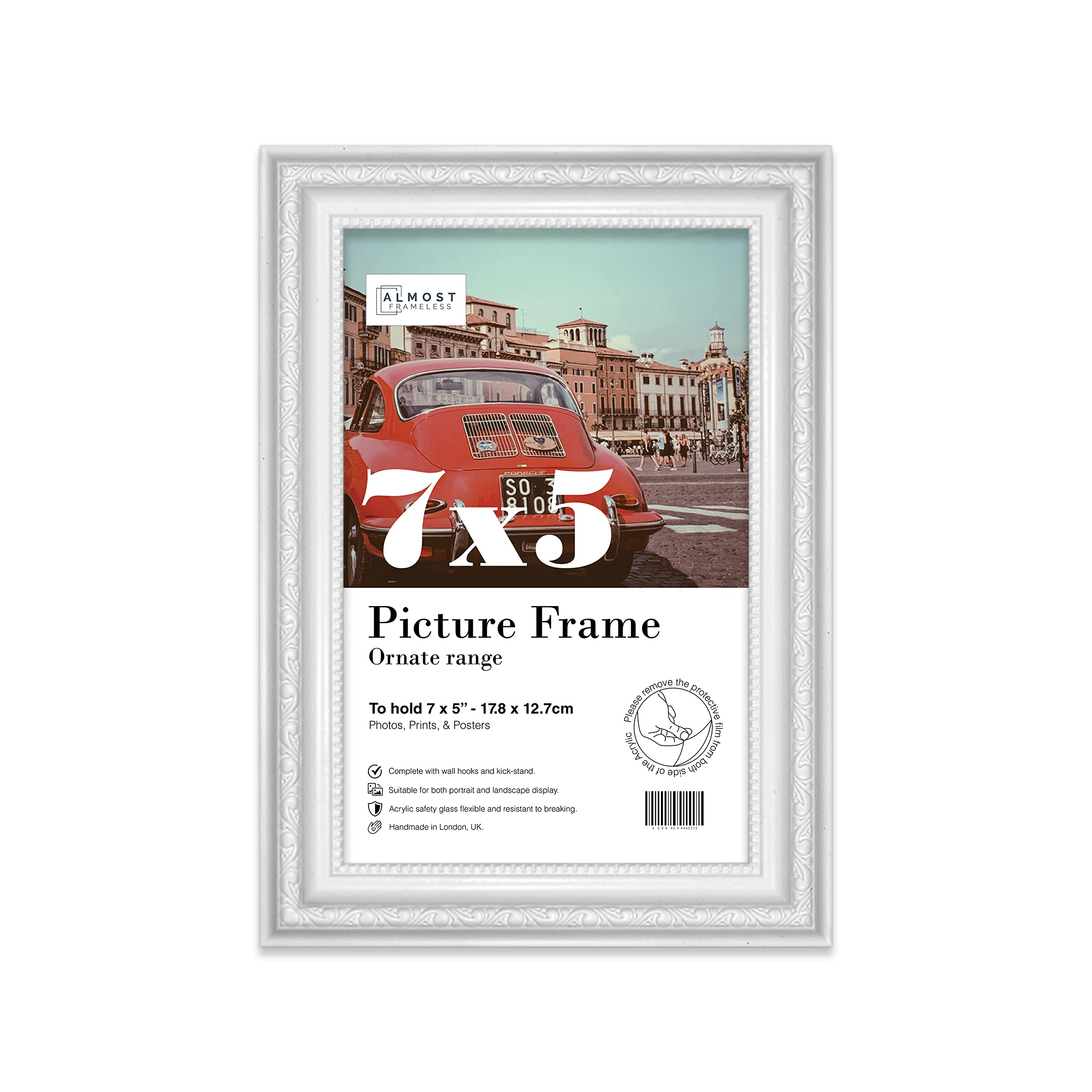 Almost Frameless 7x5 White Ornate Picture Frame 7"x5"(17.7x12.7cm) Poster, Photo, Artwork, or Print. Opulent Style Portrait and Landscape Display with Wall Hooks