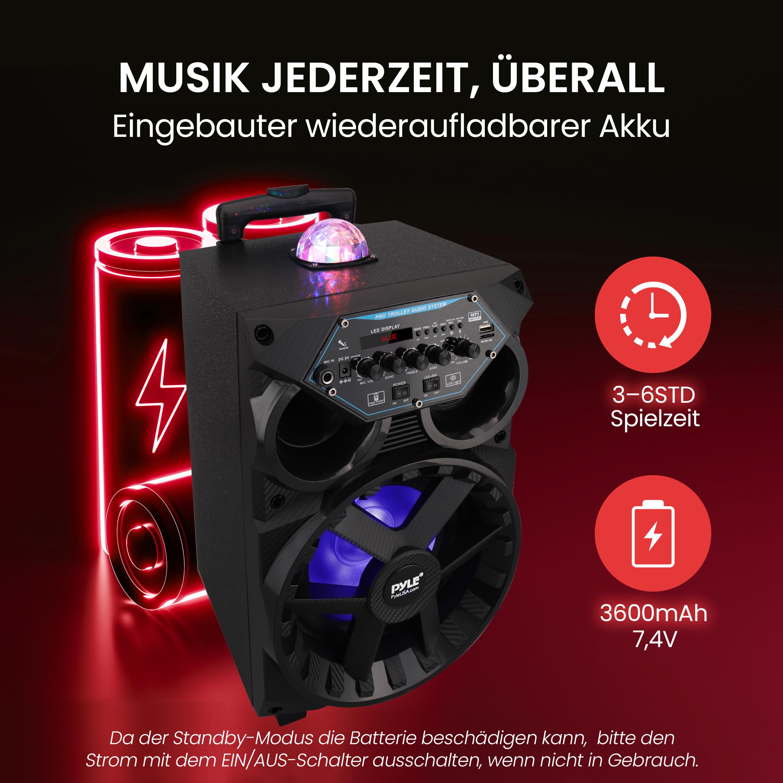 Pyle Partybox Bluetooth Lautsprecher Groß, 580W Musikbox, Boombox mit Lichtern & Rollen, inkl. 2 Kabellose Mikrofone, Super Bass, USB/SD/AUX/RCA/FM, Aufladbare Akku, für Party Outdoor & Zuhause